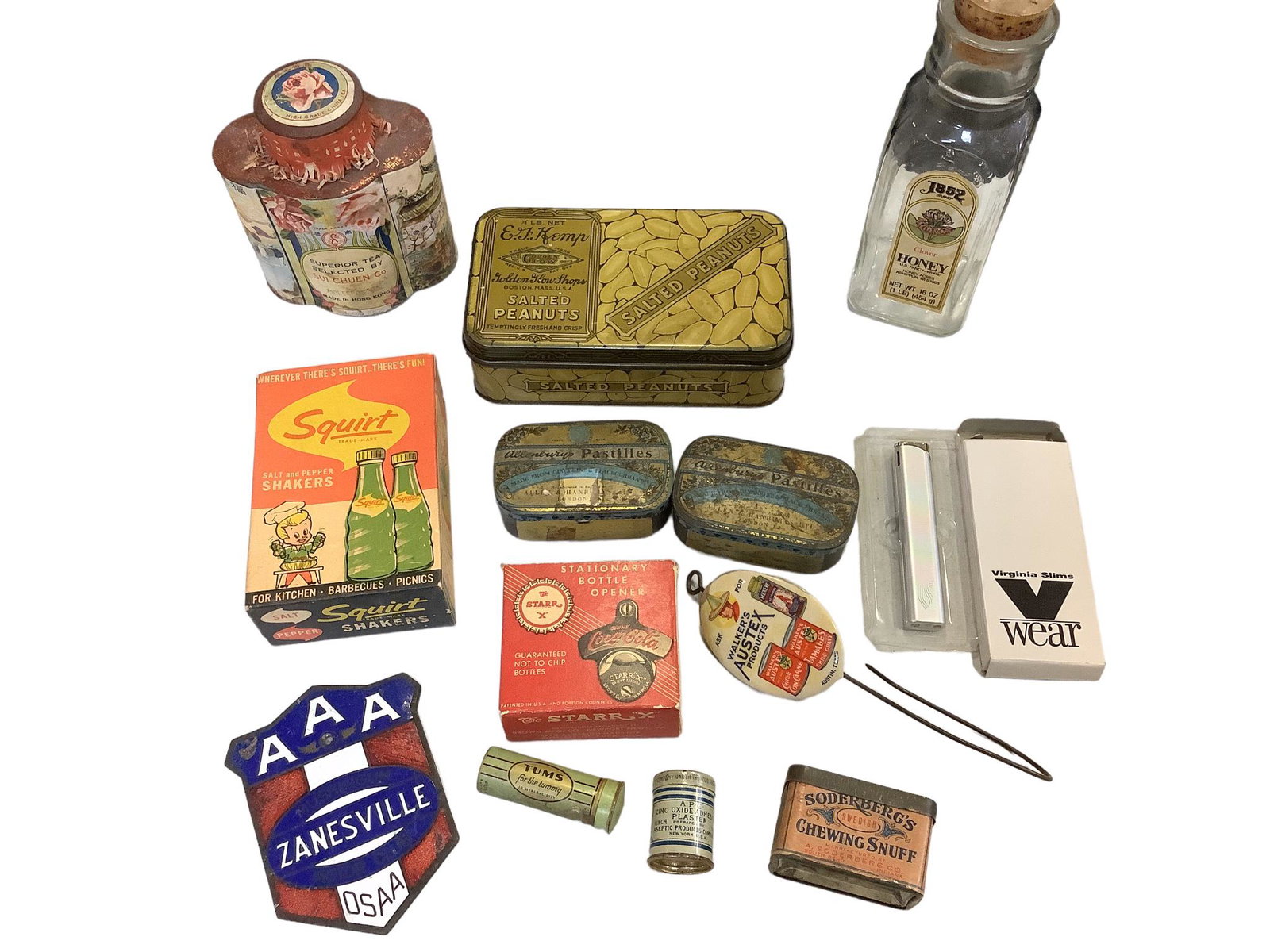 Box lot of vintage advertising tins, cast iron enameled AAA Zanesville and a Virginia Slims Wear (1 of 1)