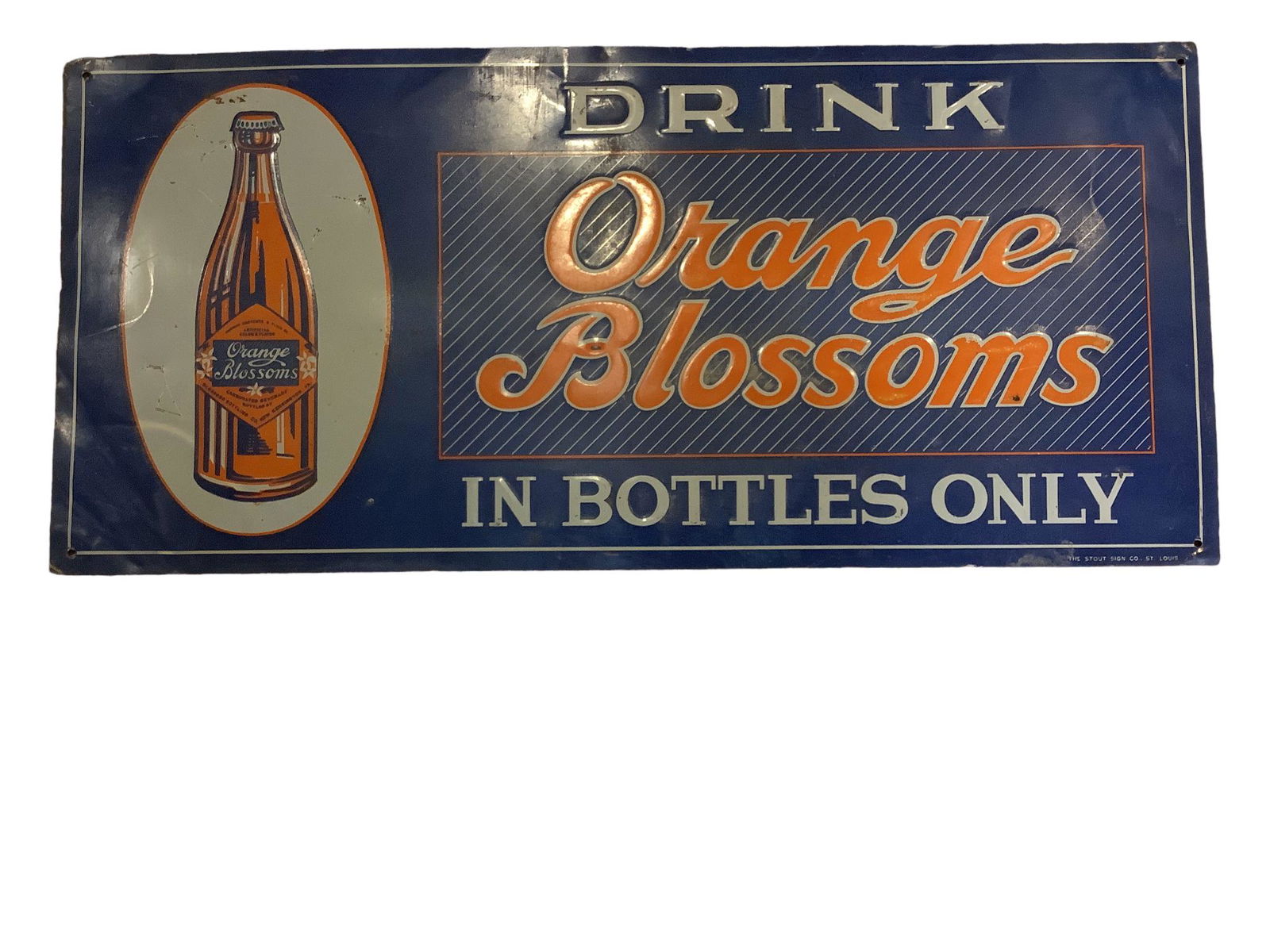 Vintage Orange Blossoms tin embossed painted advertising sign by the Stout Sign Co. St Louis (1 of 2)