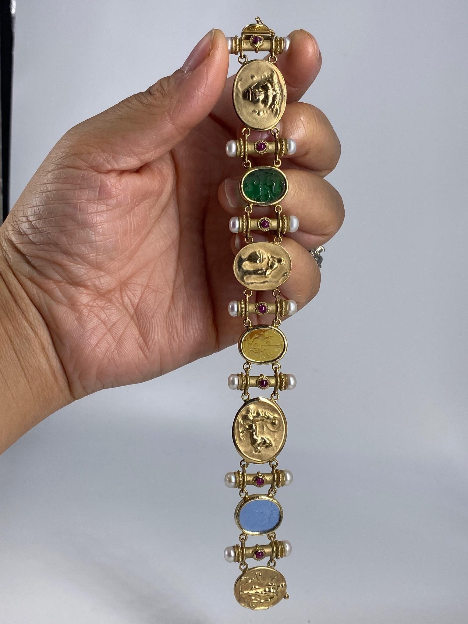 Elegant 14kt Yellow Gold, Pearl Gemstone & Pressed Glass Bracelet (1 of 9)