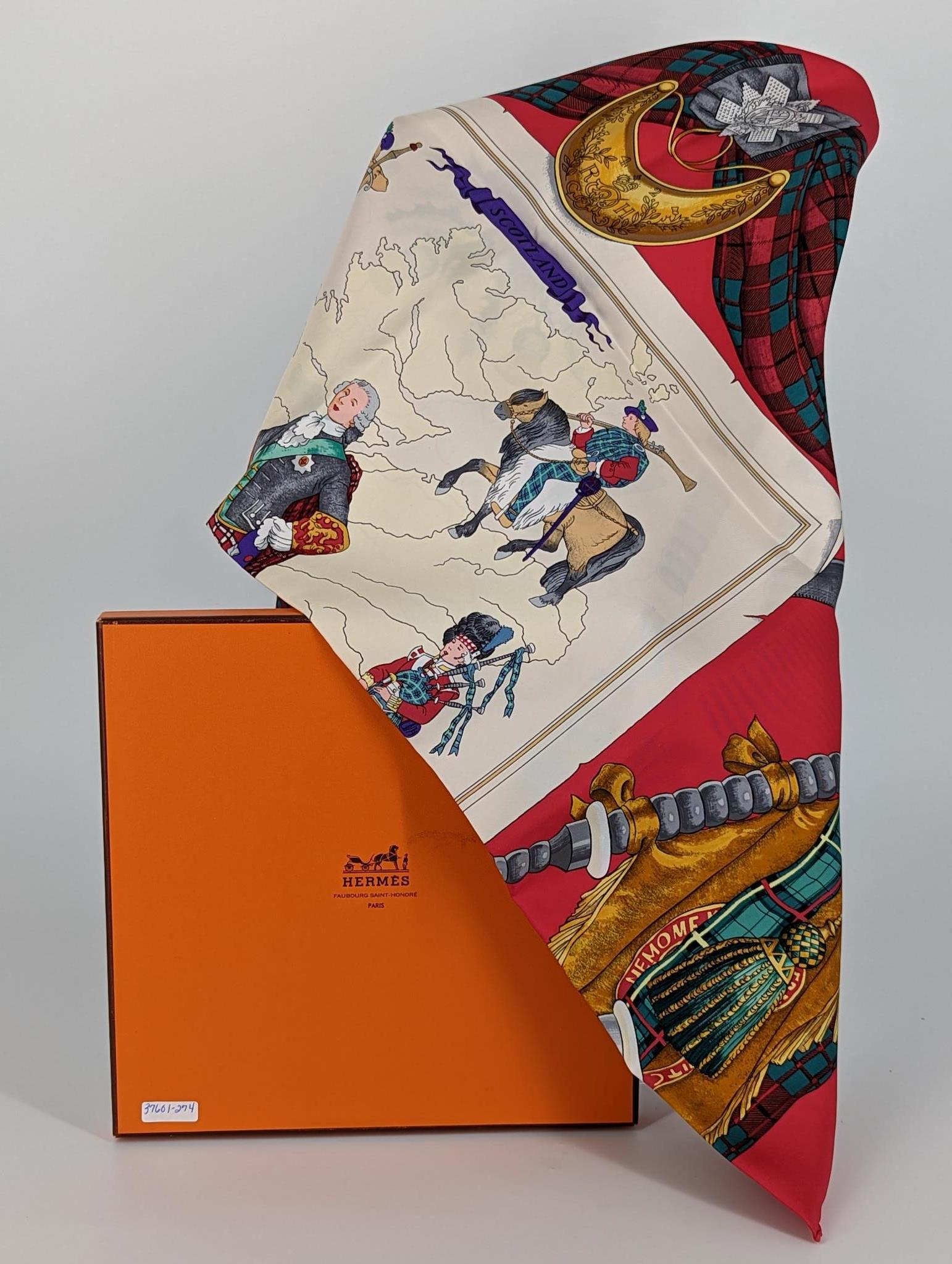 Hermes Ledoux silk scarf in original box, Scottish theme, approx 34â€ x 34â€. Does not appear (1 of 9)