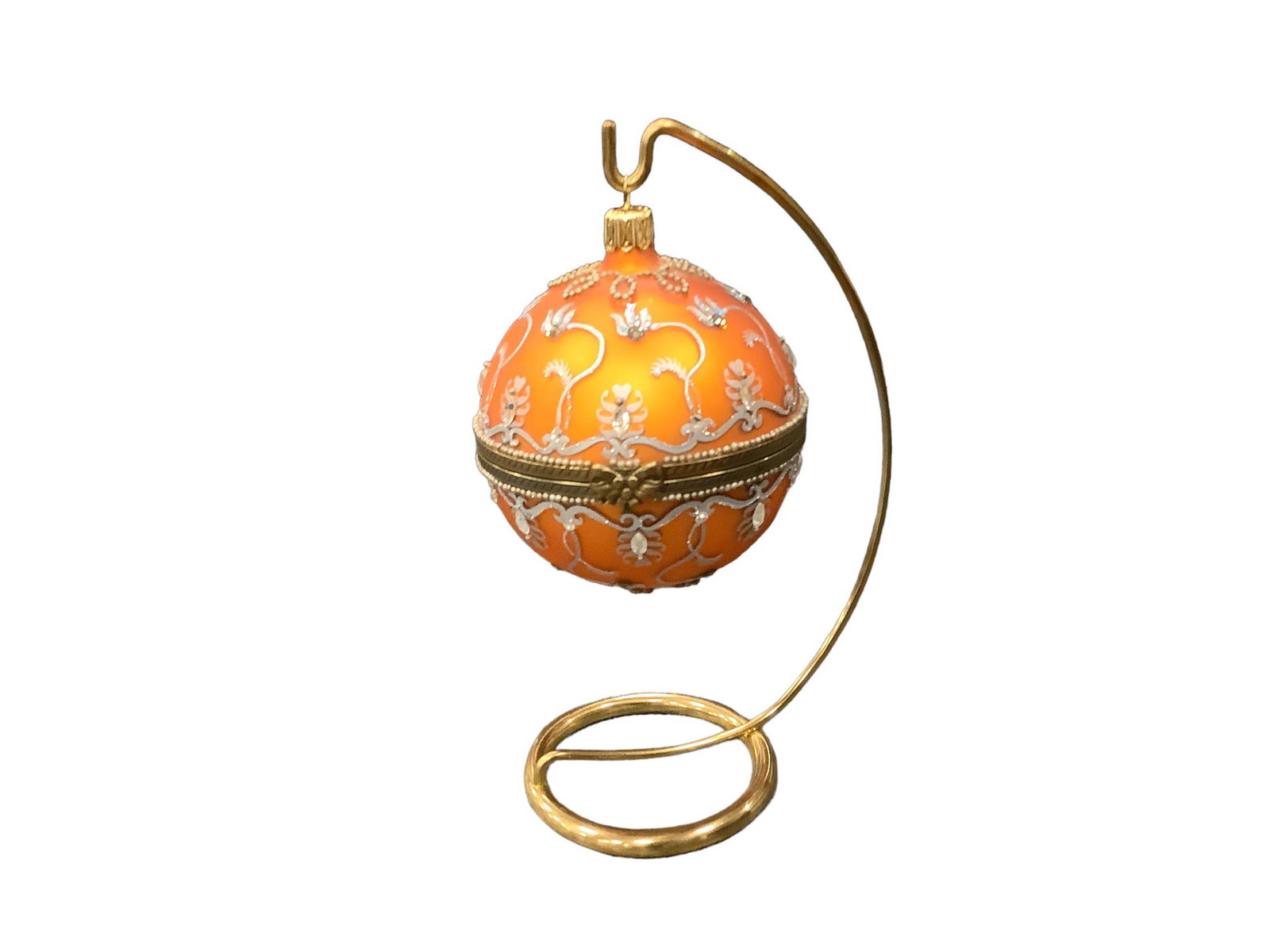 Mostowski Glass Ornament on holder. 8" tall. " Hinged Ball Silver Violets on Copper. (1 of 3)