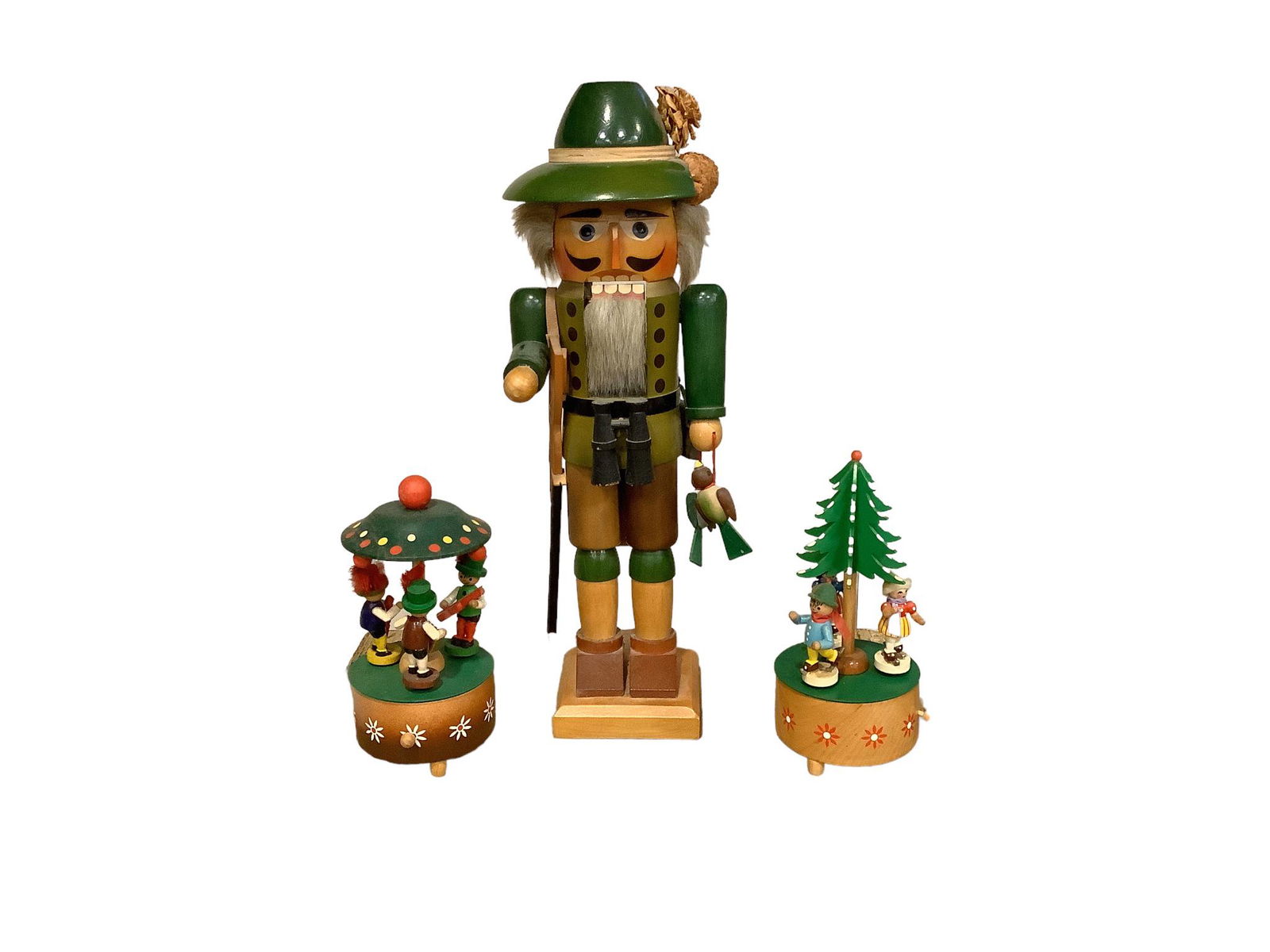 Steinbach nutcracker 14.5" high, 2 Steinbach wooden working music boxes 6.5" and 7" high (1 of 1)