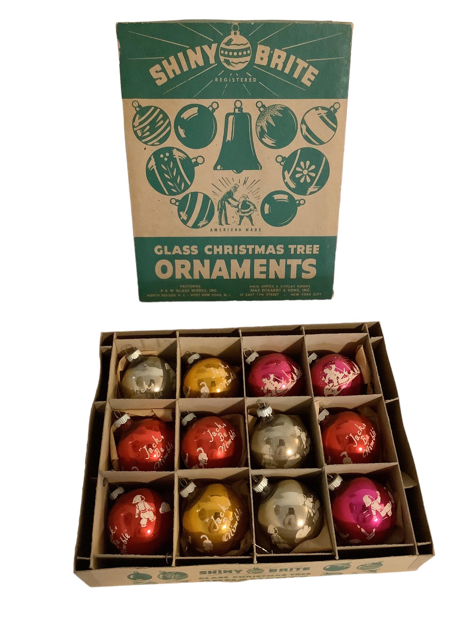 Vintage stenciled Jack Be Nimble Shiny Brite ornaments. There are 10 Jack ornaments & 2 Skiing: Vintage stenciled Jack Be Nimble Shiny Brite ornaments. There are 10 Jack ornaments & 2 Skiing snowmen. They all show a little wear, box is in great shape.
