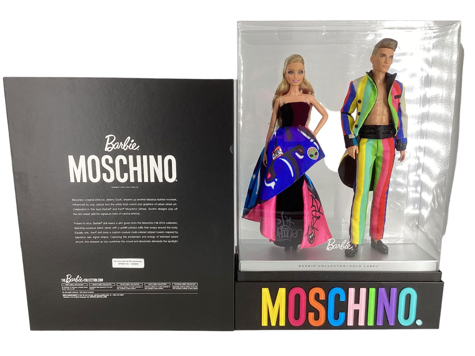 MOSCHINO BARBIE AND KEN doll set comes with Barbie and Ken together wearing the designer Moshino's: MOSCHINO BARBIE AND KEN doll set comes with Barbie and Ken together wearing the designer Moshino's clothing that has a twist of colorful and whimsical luxury as well as Pop Culture. Gold Label giftset