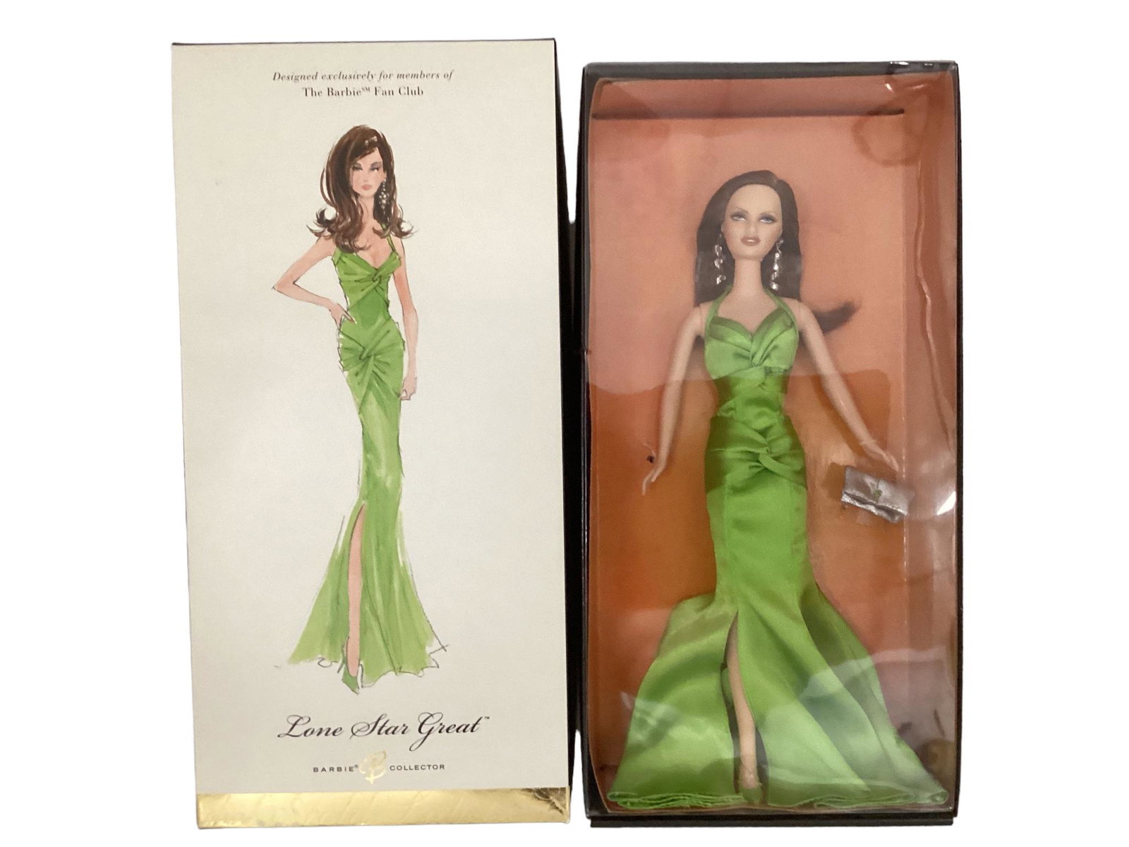 LONE STAR GREAT BARBIE - Convention Doll from Dallas, Texas. - Barbie wears an eye catching gown of: LONE STAR GREAT BARBIE - Convention Doll from Dallas, Texas. - Barbie wears an eye catching gown of brilliant green - a sweeping crisscross design embellishes her stunning charmeuse evening gown.- Cre