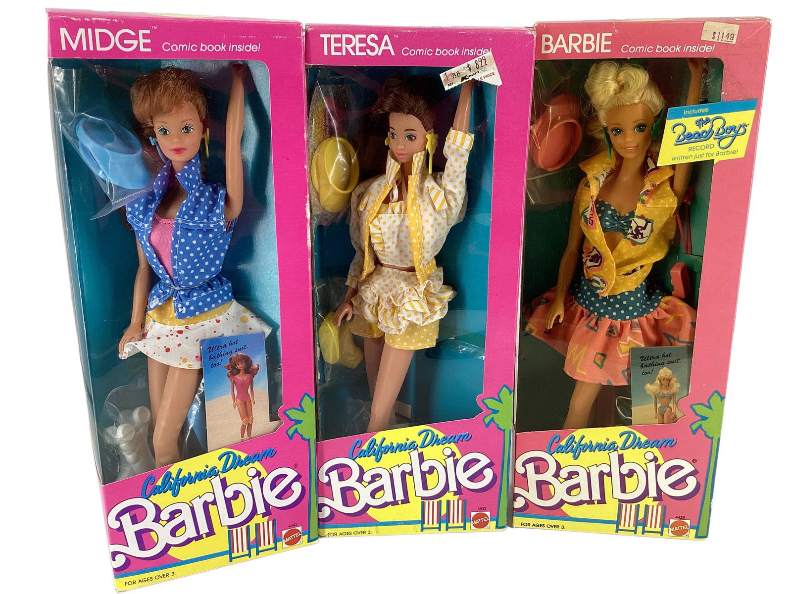 (3) CALIFORNIA DREAM BARBIE & FRIENDS - 1980'S PINK BOX - Boxes in decent shape - has price stickers: (3) CALIFORNIA DREAM BARBIE & FRIENDS - 1980'S PINK BOX - Boxes in decent shape - has price stickers still on & some need minor (1) CALIFORNIA DREAM MIDGE (1) CALIFORNIA DREAM TERESA (1) CALIFORNIA DR