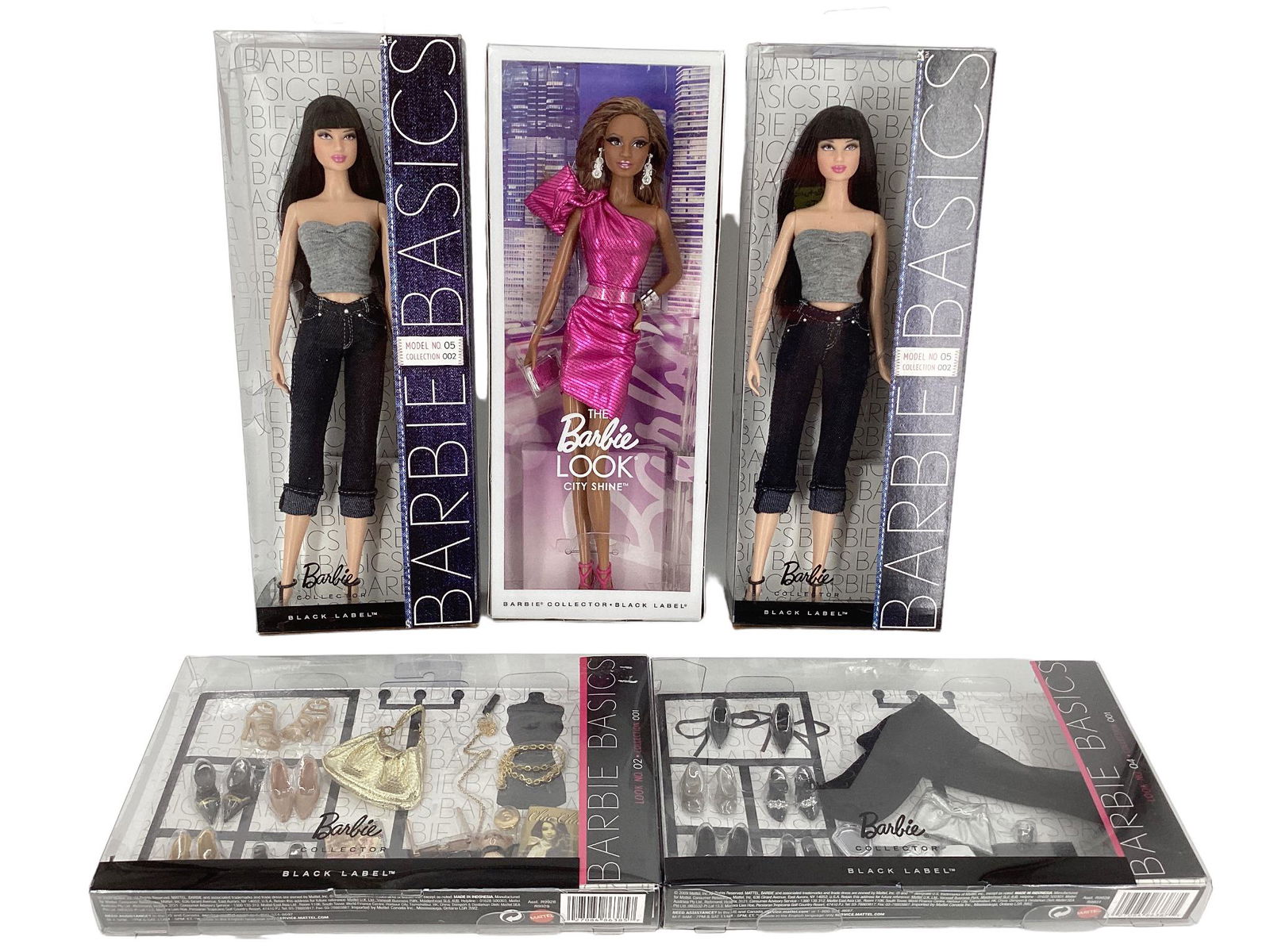 (5) BARBIE BASICS BARBIES 2) Barbie Basics same doll, halter tops, cropped jeans, black high heels: (5) BARBIE BASICS BARBIES 2) Barbie Basics same doll, halter tops, cropped jeans, black high heels for both - one box has mild wear at top, other box is great.Barbie Black Label on all dolls.& accesso