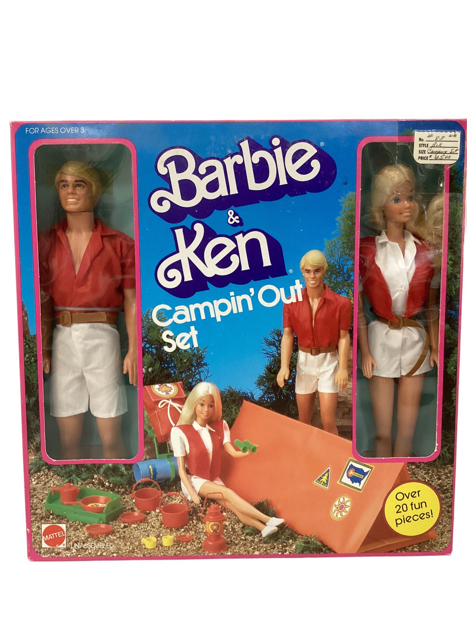 (1) BARBIE AND KEN CAMPIN' OUT SET. Set includes many Camping accessories .Ken and Barbie are wired: (1) BARBIE AND KEN CAMPIN' OUT SET. Set includes many Camping accessories .Ken and Barbie are wired in their box but there is tape on each end so it may/may not have been opened. Box is in decent shap