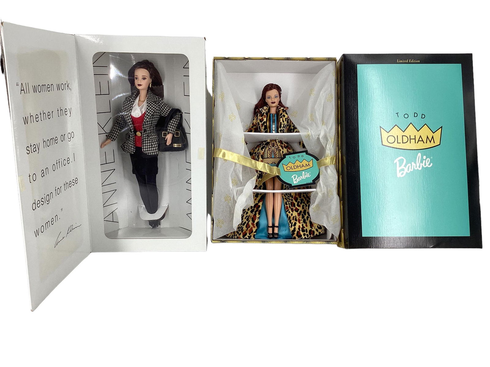 (2) Barbies including (1) TODD OLDHAM BARBIE ,a limited edition doll. Barbie wears a sheer black: (2) Barbies including (1) TODD OLDHAM BARBIE ,a limited edition doll. Barbie wears a sheer black t-shirt w/ colorful sequin & braid trims, hip hugging mini-skirt w/ beading & embroidery, wedges, a bar