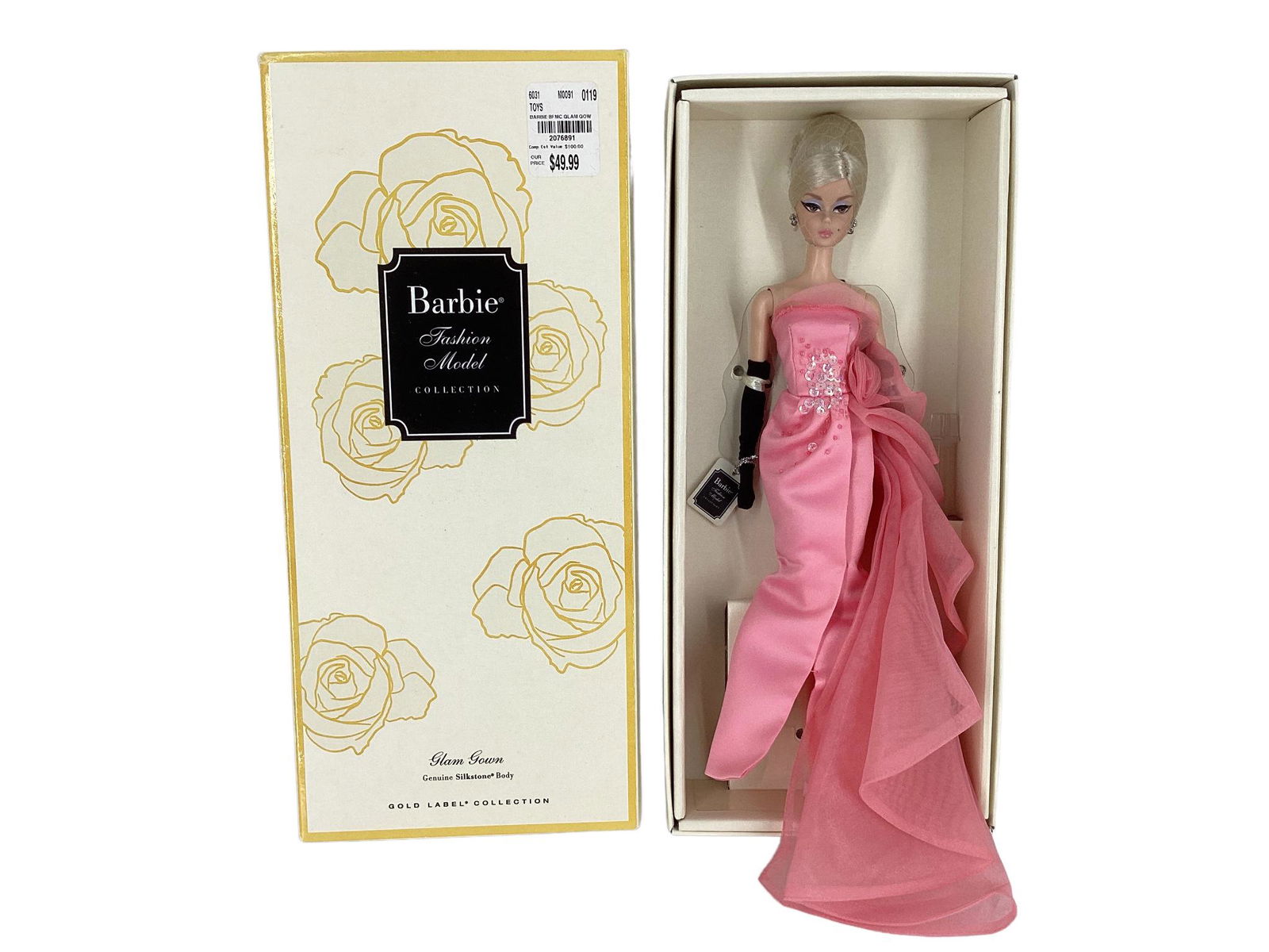 BFMC GLAM GOWN BARBIE with Silkstone Body. Beautiful Barbie updo and side parted blond hair with: BFMC GLAM GOWN BARBIE with Silkstone Body. Beautiful Barbie updo and side parted blond hair with netting on it. Barbie is wearing a gorgeous pink gown with train, black opera gloves and shoes. NRFB -