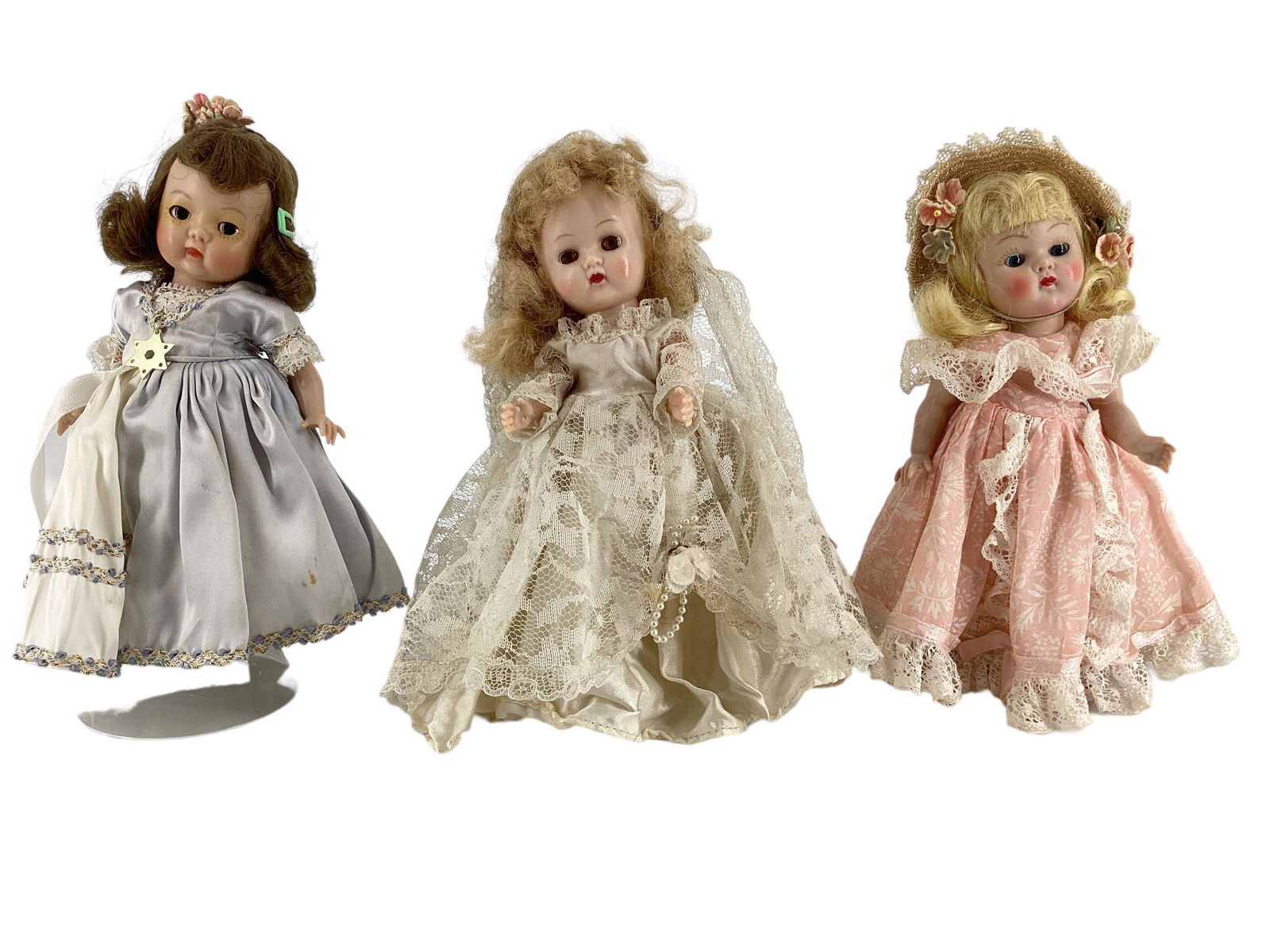 Lot of (3) 8" hard plastic 2 Ginny, 1 Muffie dolls including blonde girl in pink dress, sleep eyes, (1 of 2)