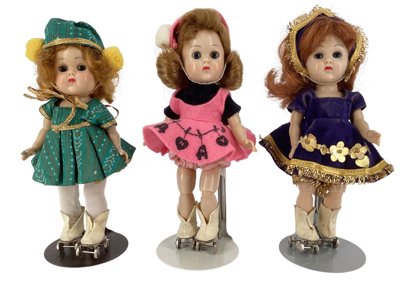 Lot of (3) 8" hard plastic Vogue Ginny dolls including red hair walker in tagged blue & gold dress (1 of 2)