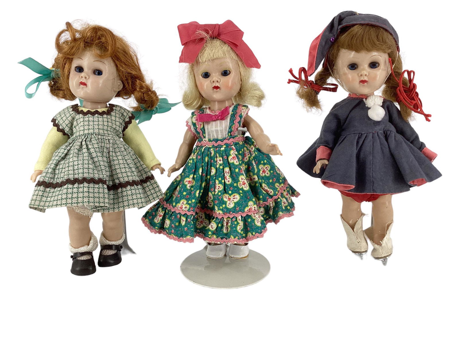 Lot of (3) 8" hard plastic Vogue Ginny dolls including blonde hair walker with green & pink dress, (1 of 2)