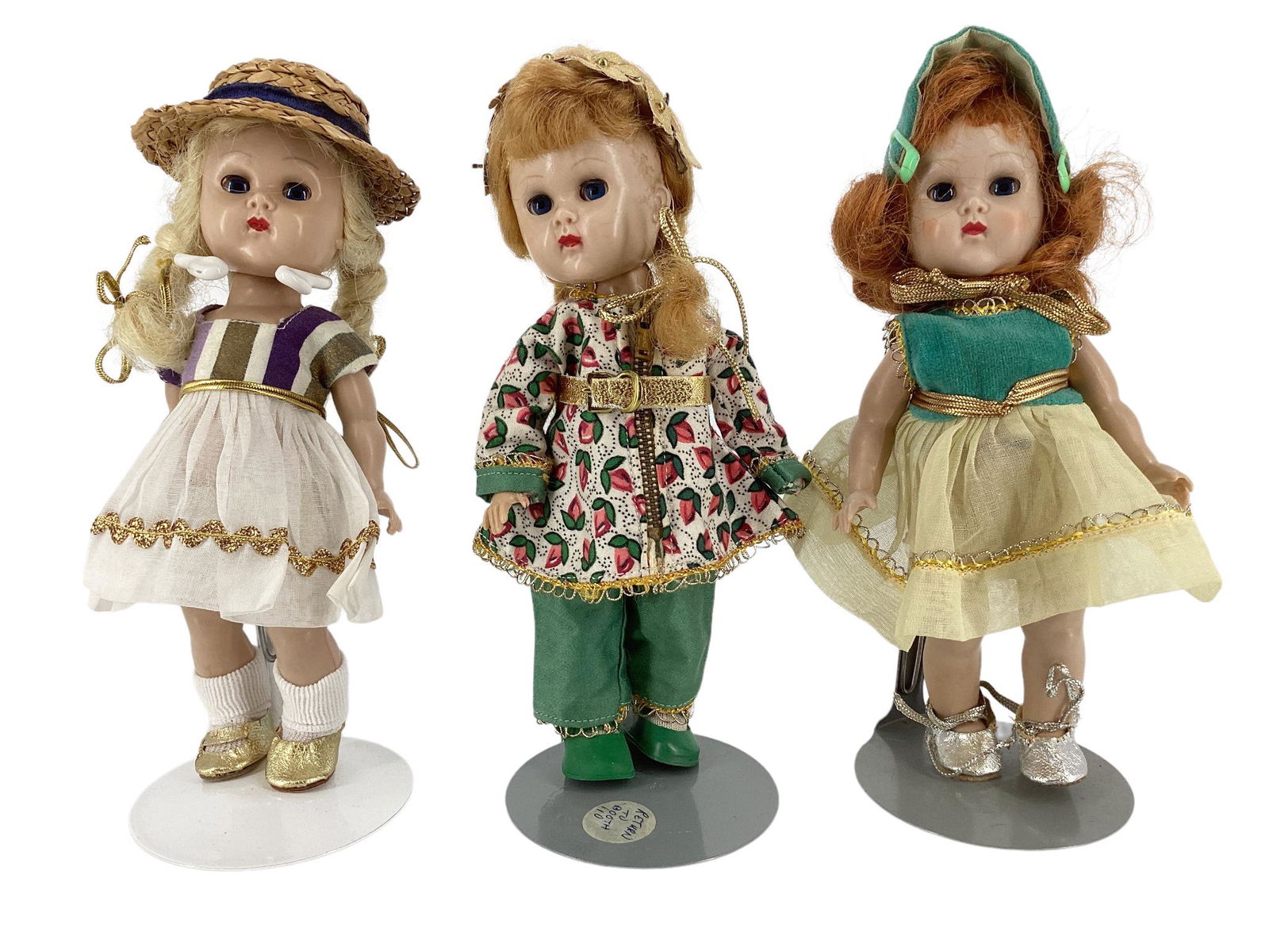 Lot of (3) 8" hard plastic Vogue Ginny dolls including red hair walker in tagged yellow and green (1 of 2)