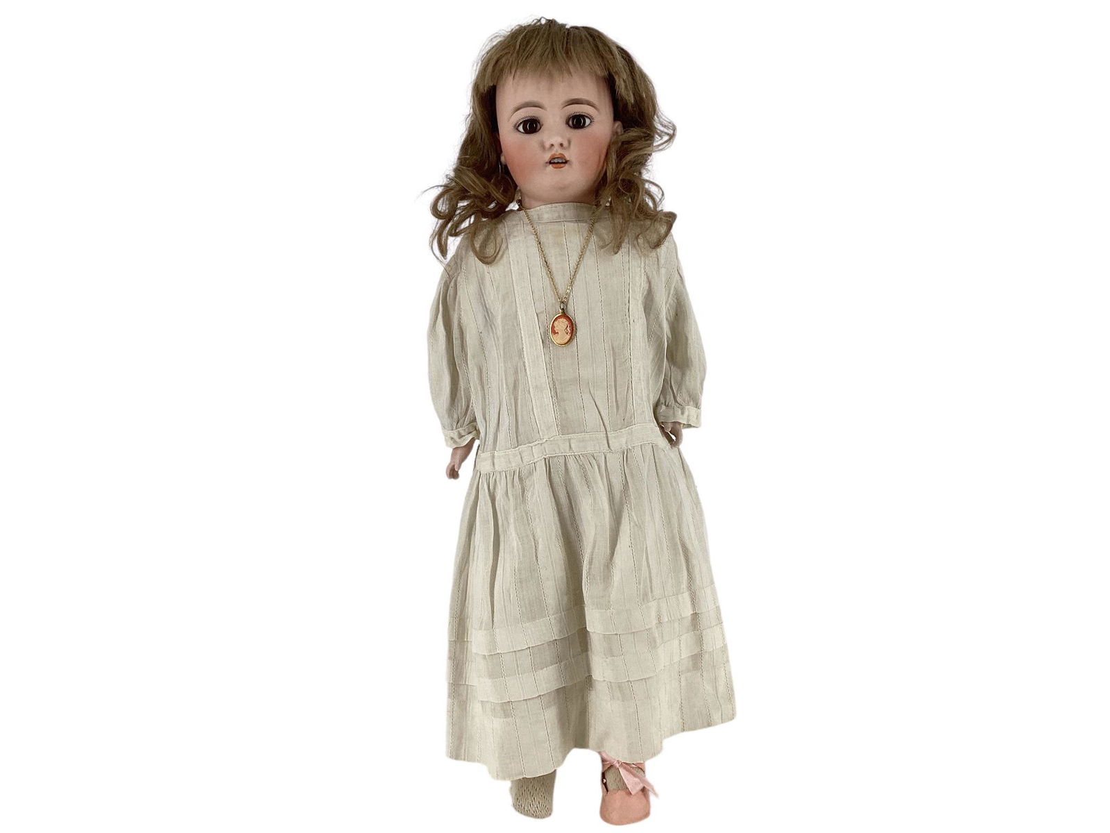 German bisque shoulder head girl (mark not found). 20" doll with mohair wig, stationary glass eyes,: German bisque shoulder head girl (mark not found). 20" doll with mohair wig, stationary glass eyes, pierced ears, open mouth with teeth, on gusseted kid body with bisque lower arms. Bisque has no appa