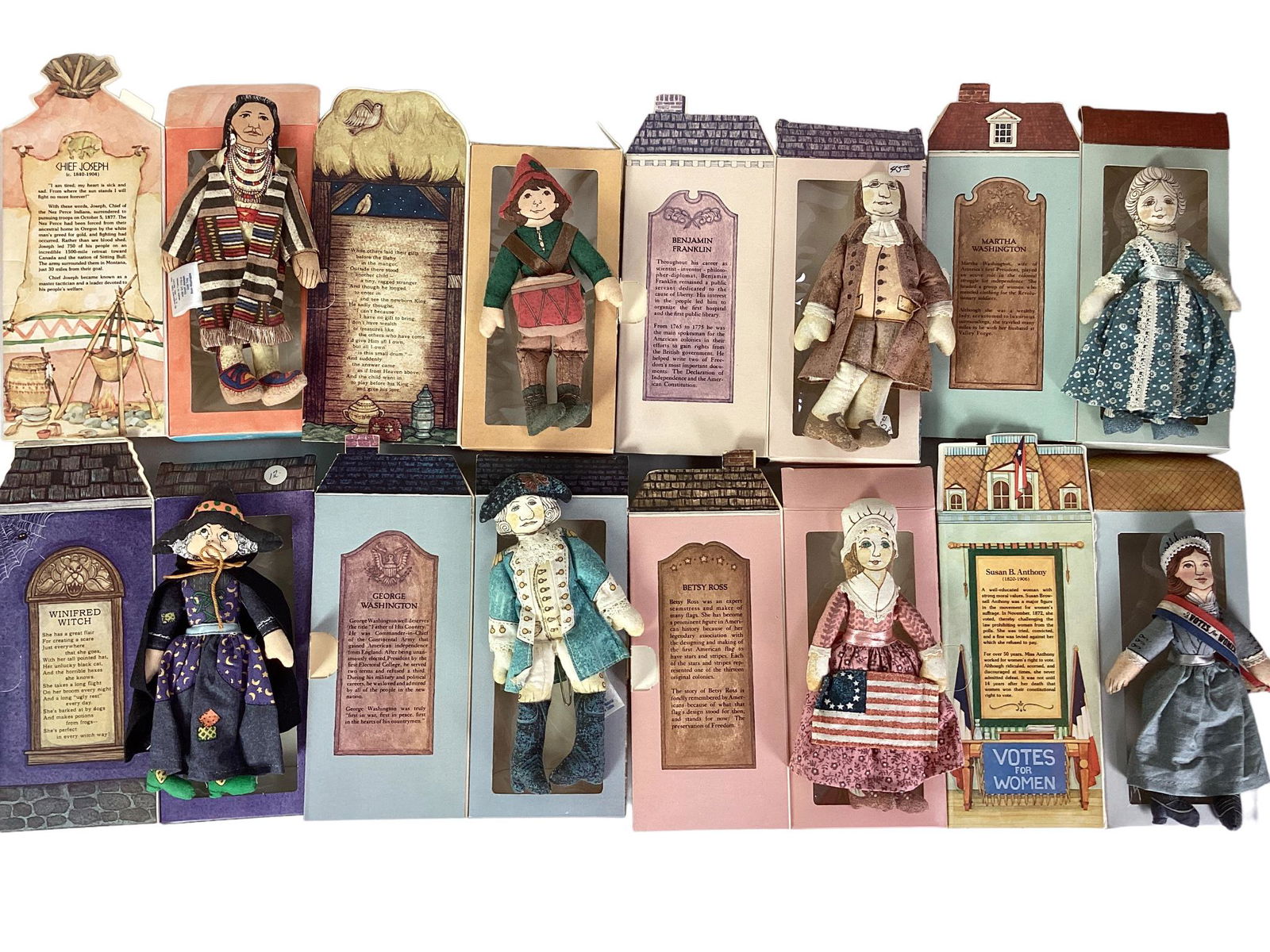 Collection of 8 boxed Hallmark Historical cloth dolls including George Washington, Martha: Collection of 8 boxed Hallmark Historical cloth dolls including George Washington, Martha Washington, Susan B. Anthony, Betsy Ross, Winifred Witch, Benjamin Franklin, The Little Drummer Boy and Chief