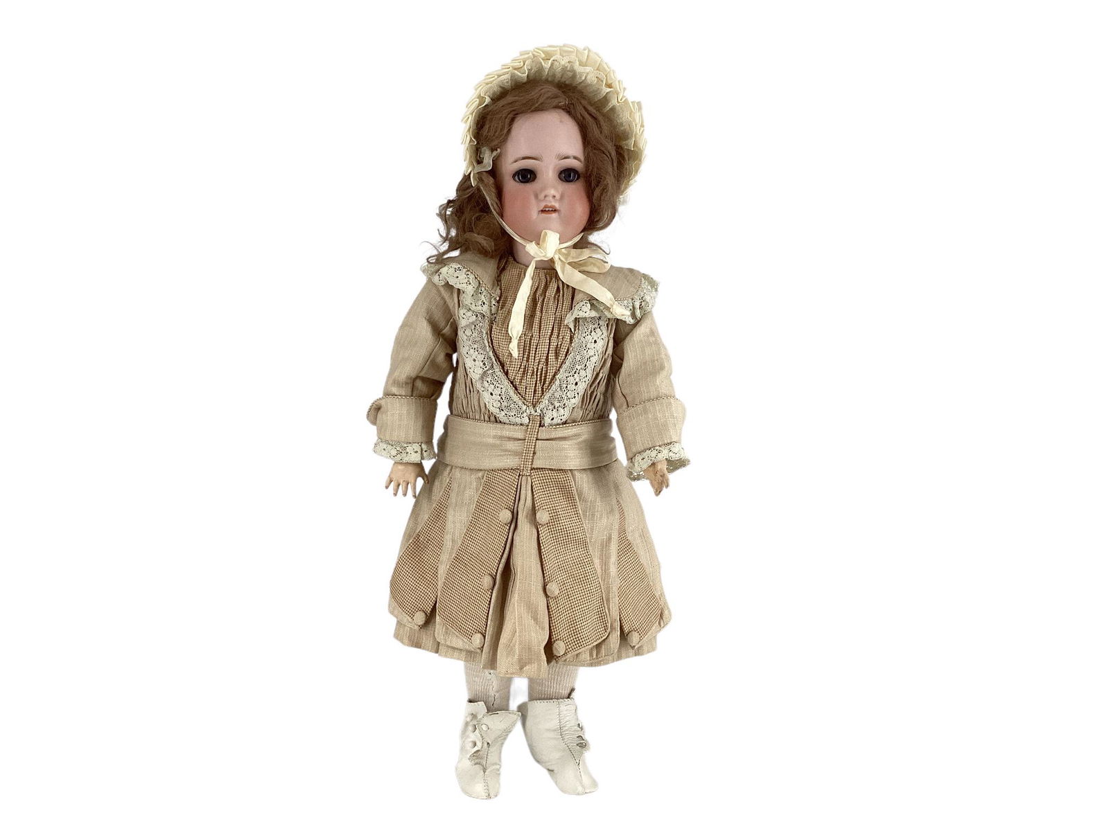 Simon & Halbig C.M. Bergmann bisque socket head girl. 22" doll with mohair wig, set glass eyes with: Simon & Halbig C.M. Bergmann bisque socket head girl. 22" doll with mohair wig, set glass eyes with eyelashes, open mouth with teeth, on joined composition body. Considerable amount of glue residue fr