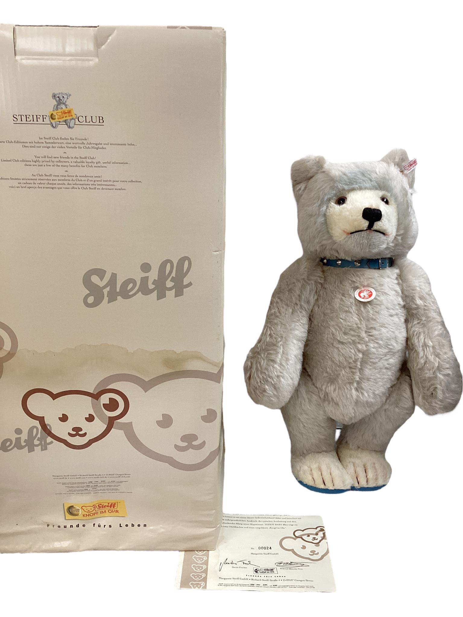 Steiff Teddy Baby Blue. 20" mohair bear with applied ears, glass eyes, stitched nose and mouth, disk (1 of 5)
