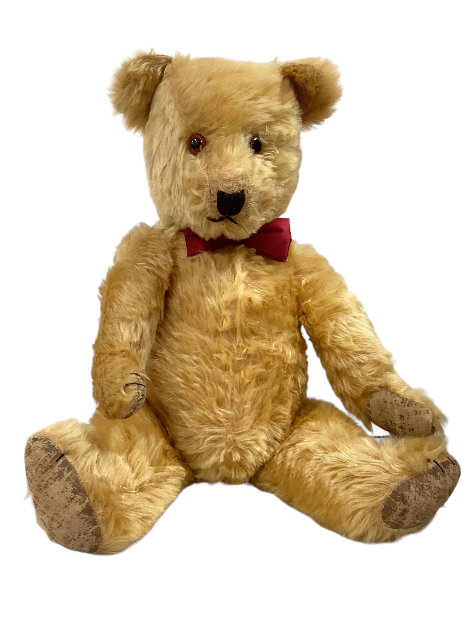 Vintage "Winnie the Pooh" type teddy bear. 25" gold mohair bear with large applied ears, glass eyes, (1 of 4)