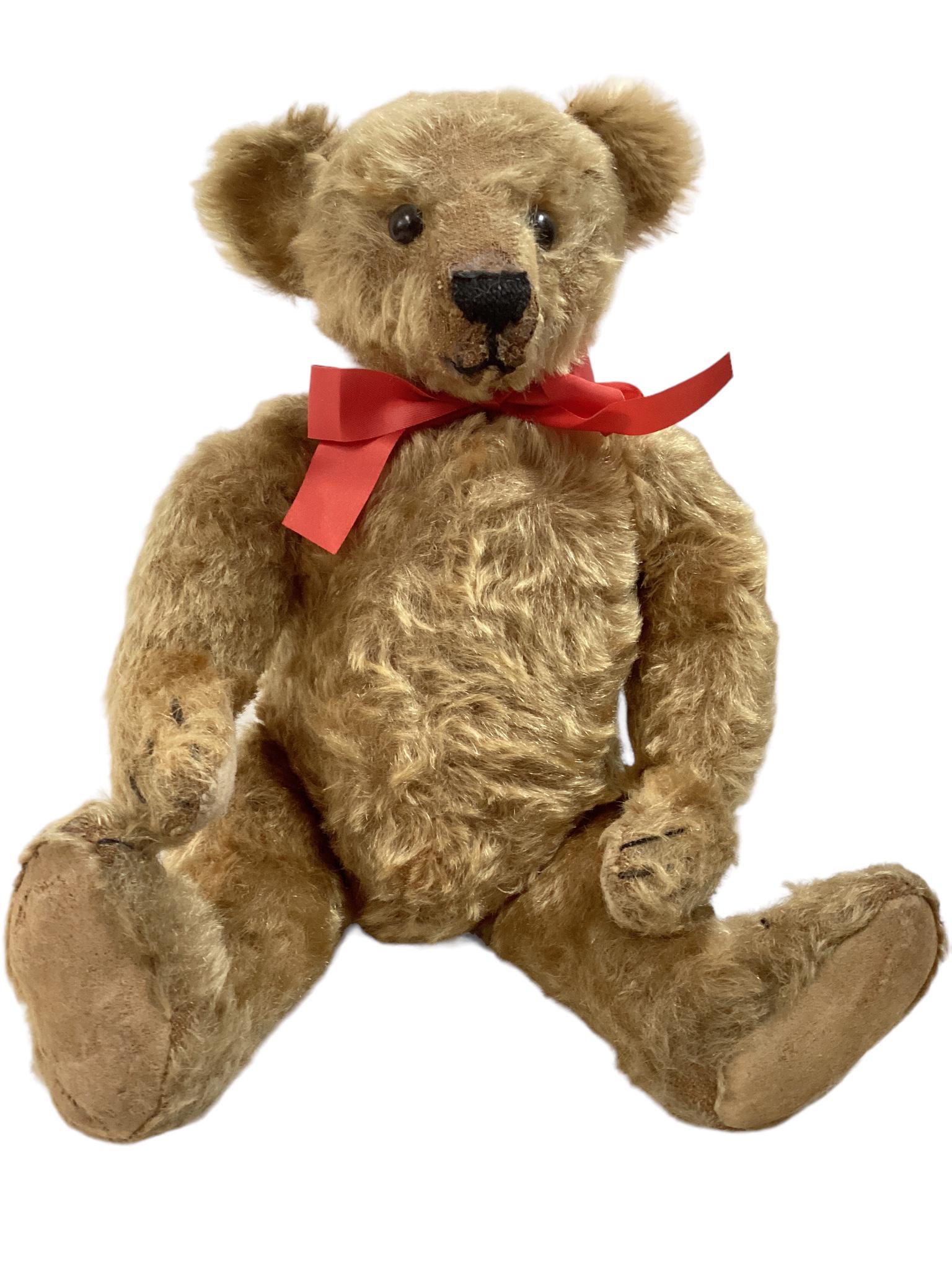 Early Teddy Bear. 14" brown mohair bear with applied ears, shoe button eyes, stitched nose and (1 of 4)