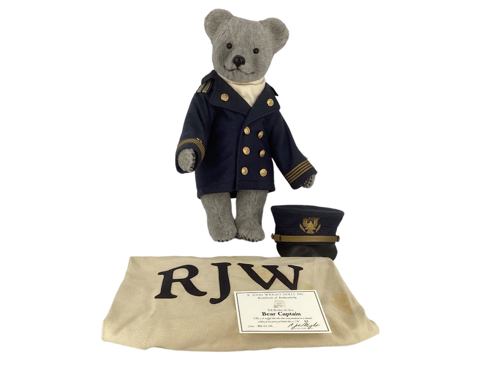 R. John Wright Bear Captain. From the Bears-at-Sea Collection, 22" grey alpaca bear has glass eyes, (1 of 3)