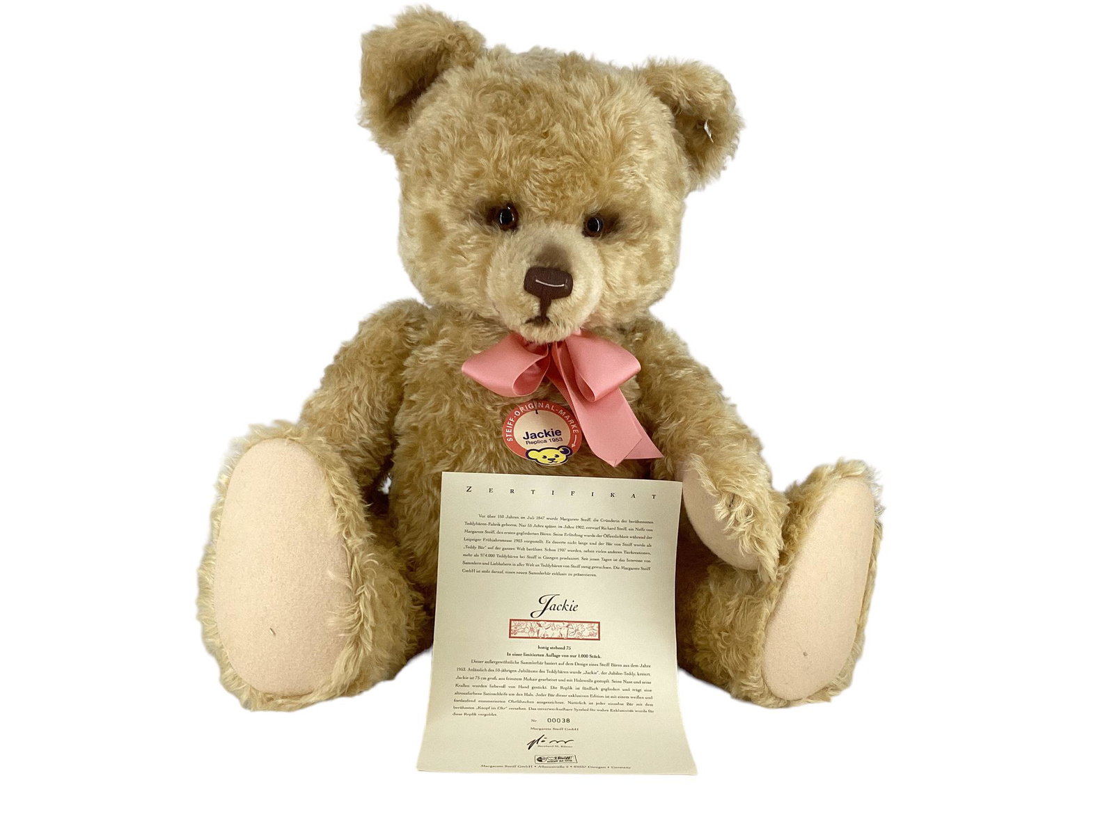 Steiff Replica 1953 Jackie. 29" honey mohair bear with glass eyes, stitched nose and mouth, disk (1 of 3)