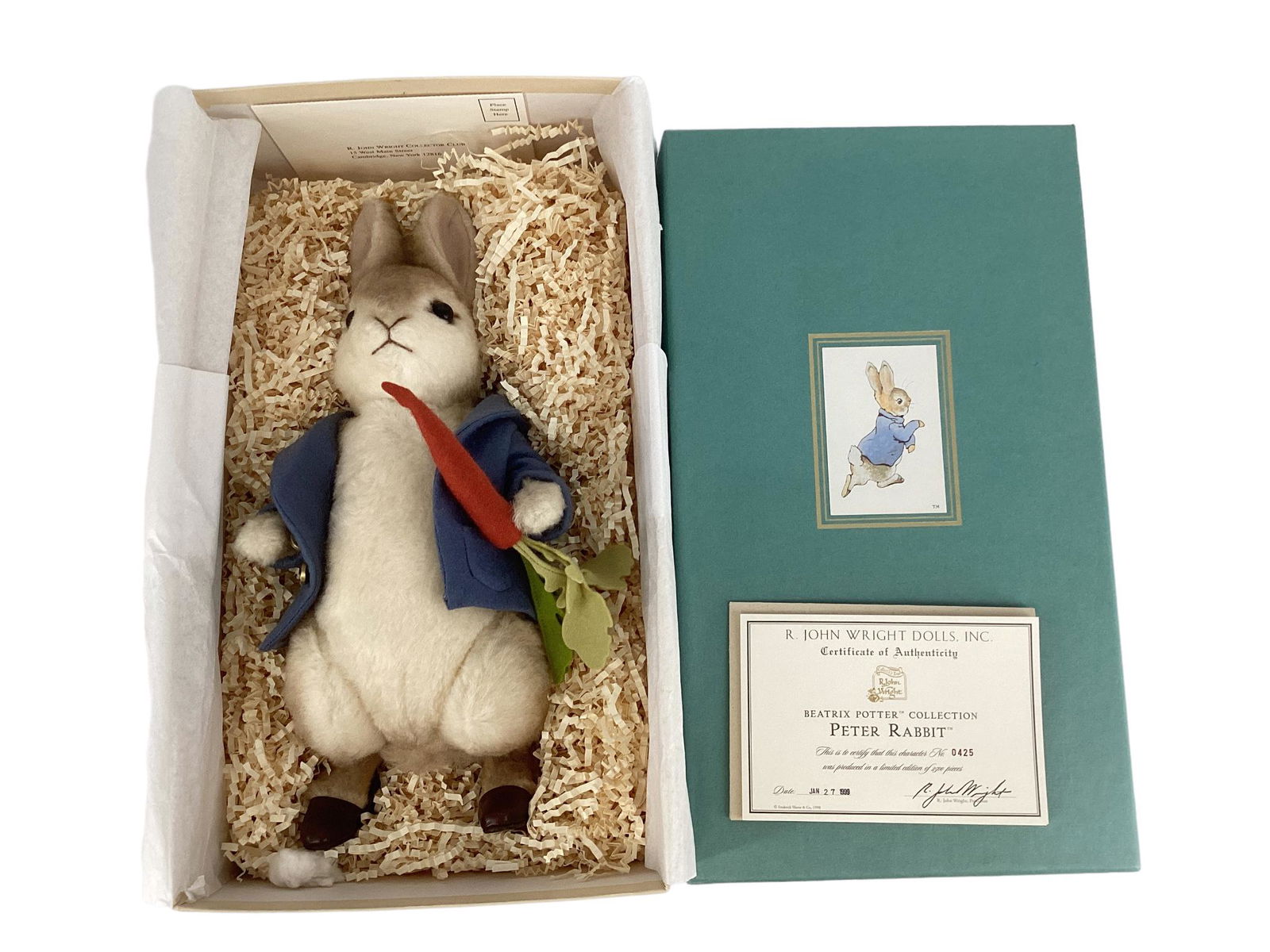 R. John Wright Dolls, Beatrix Potter Collection "Peter Rabbit" No.0425/2500. With COA and original: R. John Wright Dolls, Beatrix Potter Collection "Peter Rabbit" No.0425/2500. With COA and original box. 13 1/2"