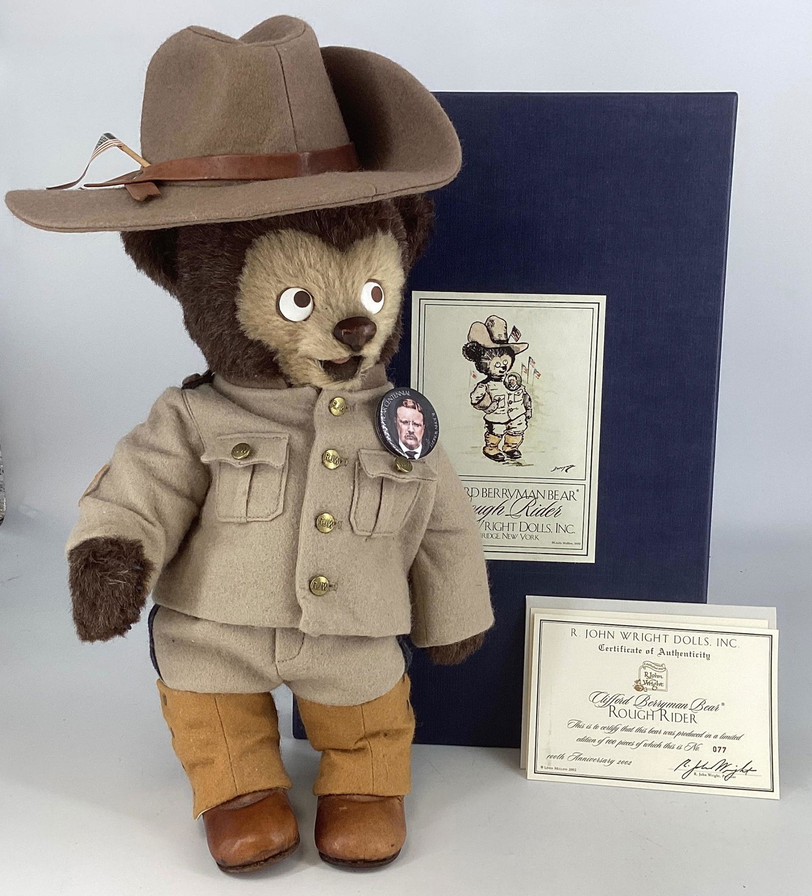 R. John Wright 2002 Clifford Bear 16" Rough Rider Growler, with original box and COA. Limited: R. John Wright 2002 Clifford Bear 16" Rough Rider Growler, with original box and COA. Limited edition No. 077/100.