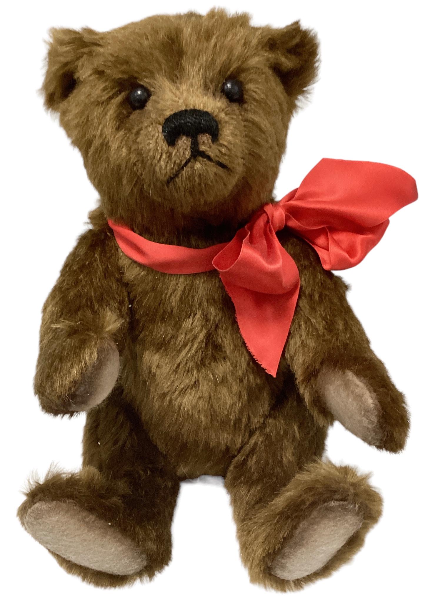 R. John Wright 2013 RJW Classic Teddys, Woodruff is 12", mohair, wool felt, embroidered features,: R. John Wright 2013 RJW Classic Teddys, Woodruff is 12", mohair, wool felt, embroidered features, leather covered eyes, silk ribbon. Head removes to reveal plaid lined candy container with felt gumdro