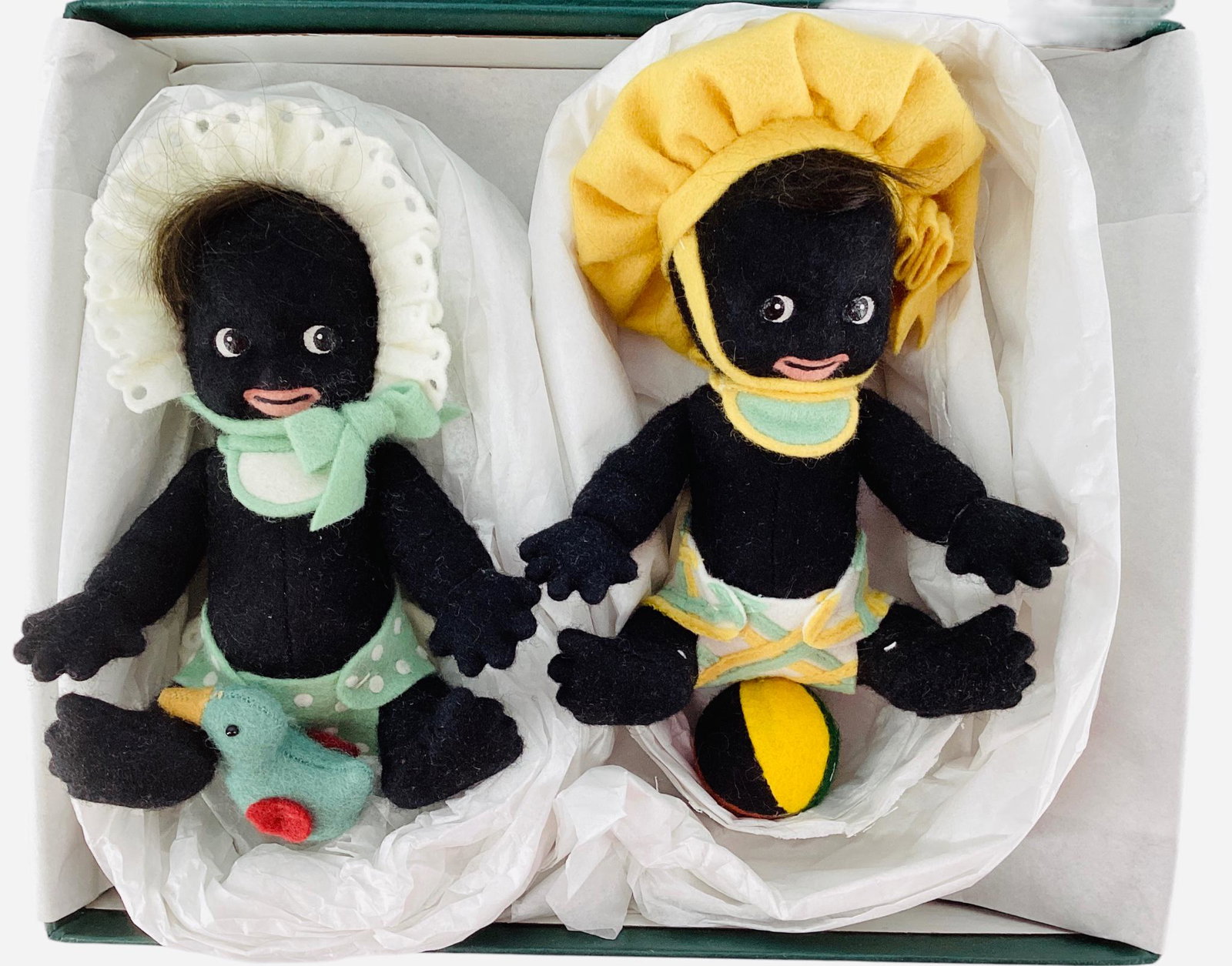 R. John Wright 2000-2001 baby boy with ball and baby girl with duck, dolls are based on Florence: R. John Wright 2000-2001 baby boy with ball and baby girl with duck, dolls are based on Florence Upton character, 5 1/2". Comes with original box and COA's. Produced exclusively for members of R. John