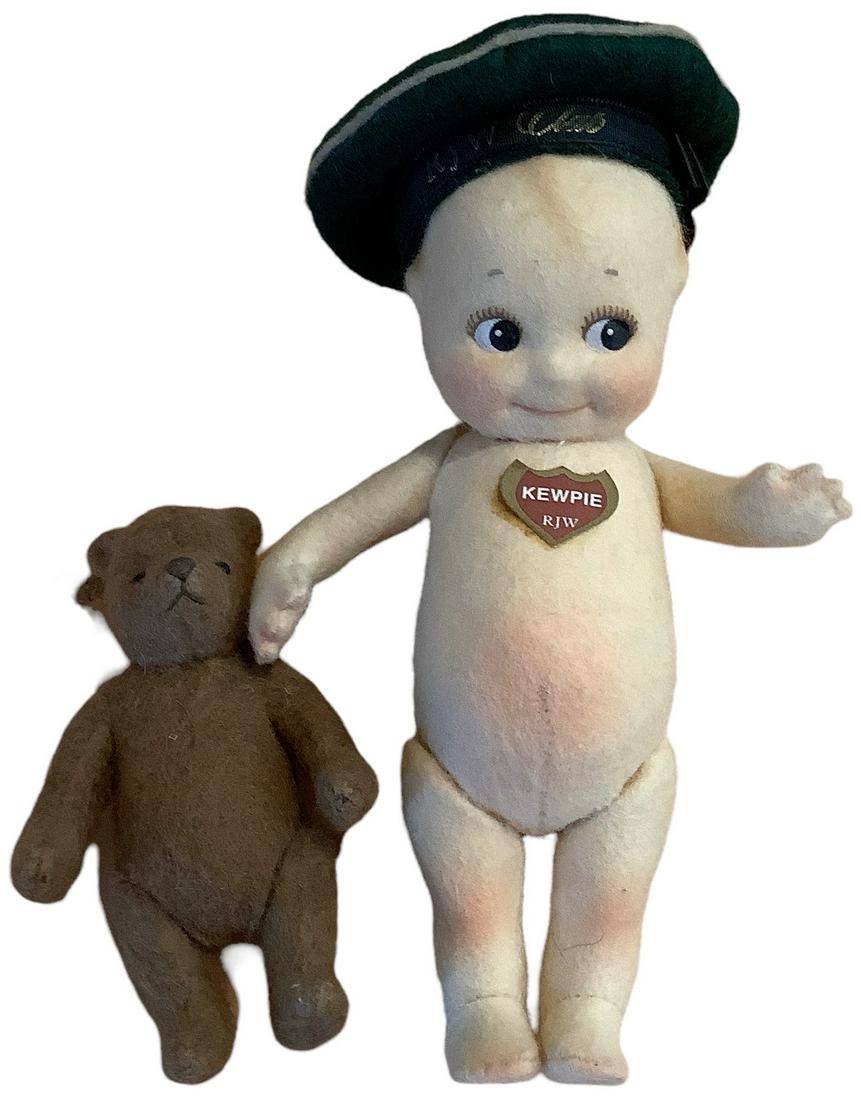 R. John Wright Kewpie & Teddy. 6" Kewpie and 3 1/2" Teddy, both all felt jointed at the necks,: R. John Wright Kewpie & Teddy. 6" Kewpie and 3 1/2" Teddy, both all felt jointed at the necks, shoulders and hips. Made exclusively for the R. John Wright Collector Club, Limited Edition No. 156, come