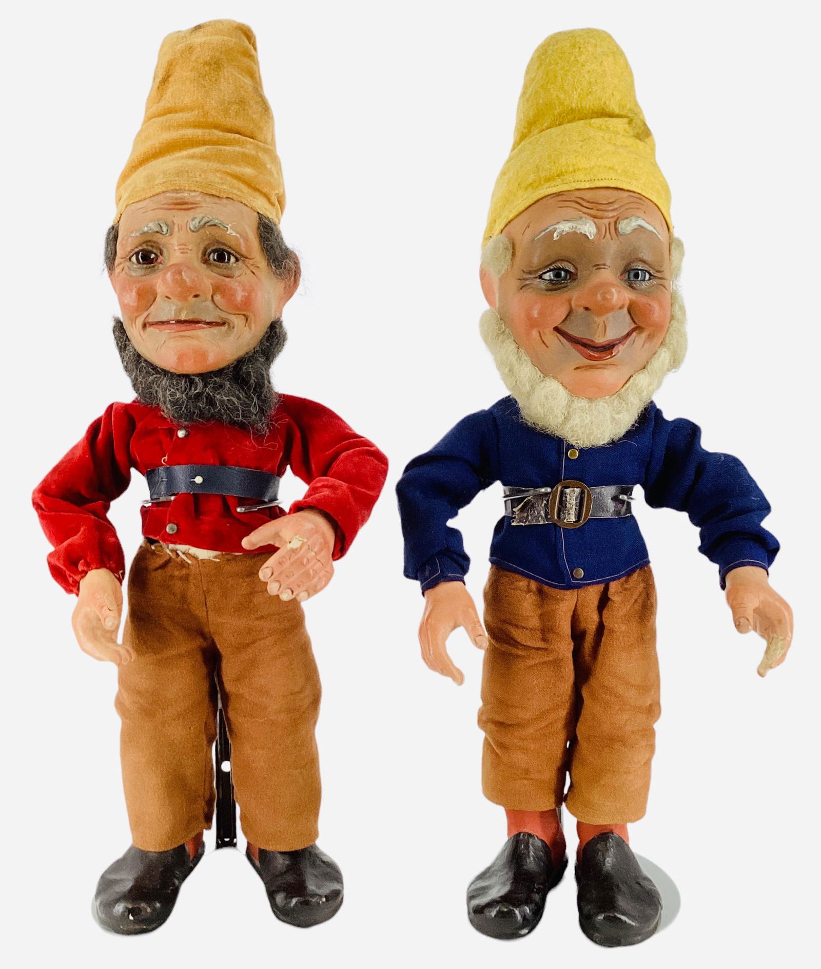 Pair vintage gnomes. 17" excluding caps, both have composition/plaster heads with molded facial (1 of 2)