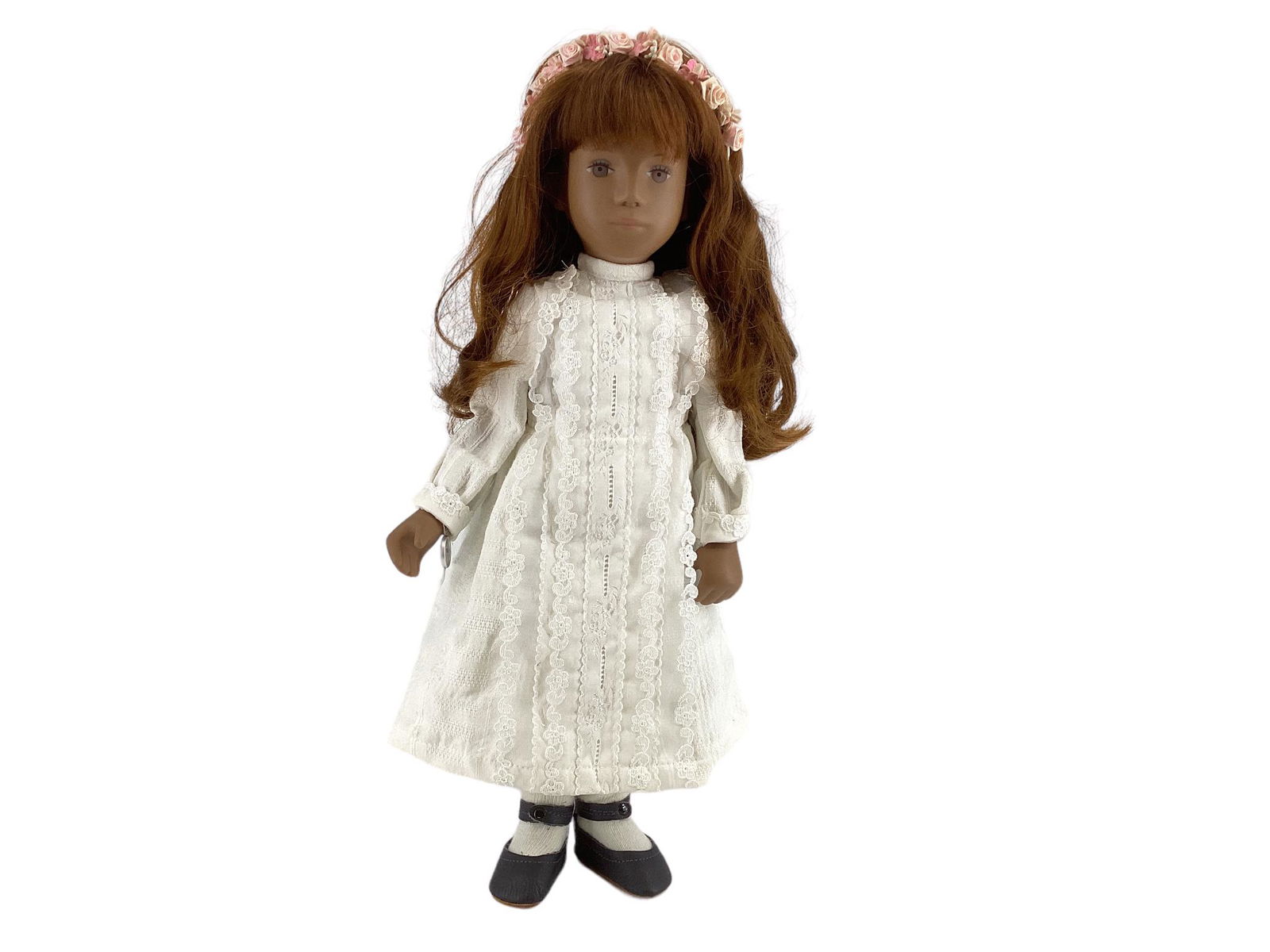 16" Götz Sasha doll "Angela," wearing a tagged white dress and blue shoes, wrist tag. (1 of 4)