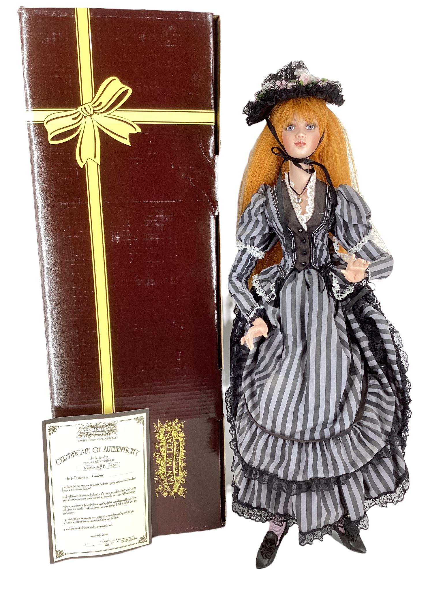 Collette by Jan McLean. 25 1/2" doll with porcelain head on one-piece neck, shoulders and upper (1 of 3)