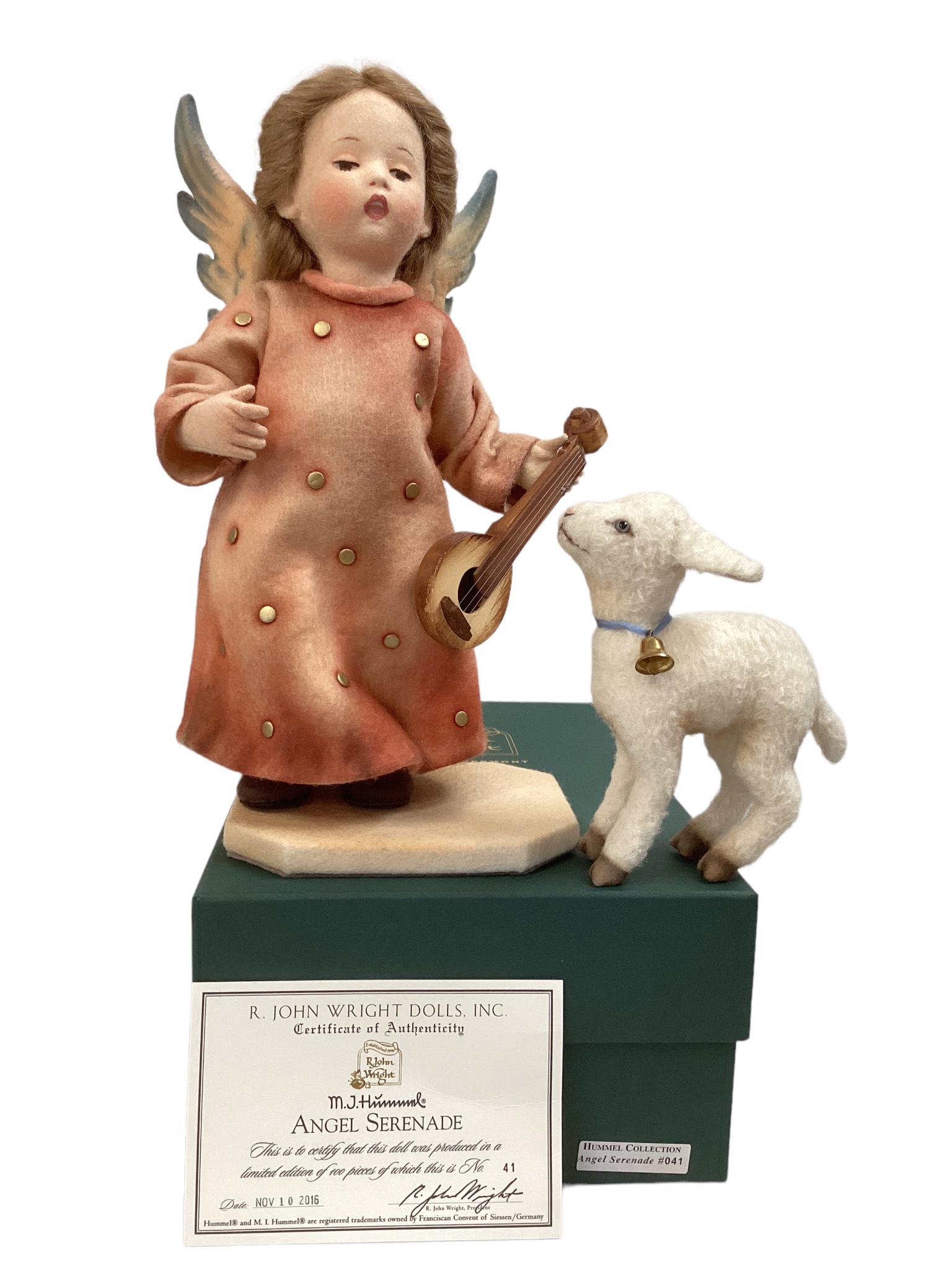 R. John Wright M.J. Hummel Collection 13" Angel Serenade & 6" Lamb, with original box and COA.: R. John Wright M.J. Hummel Collection 13" Angel Serenade & 6" Lamb, with original box and COA. Limited edition No. 041/100.