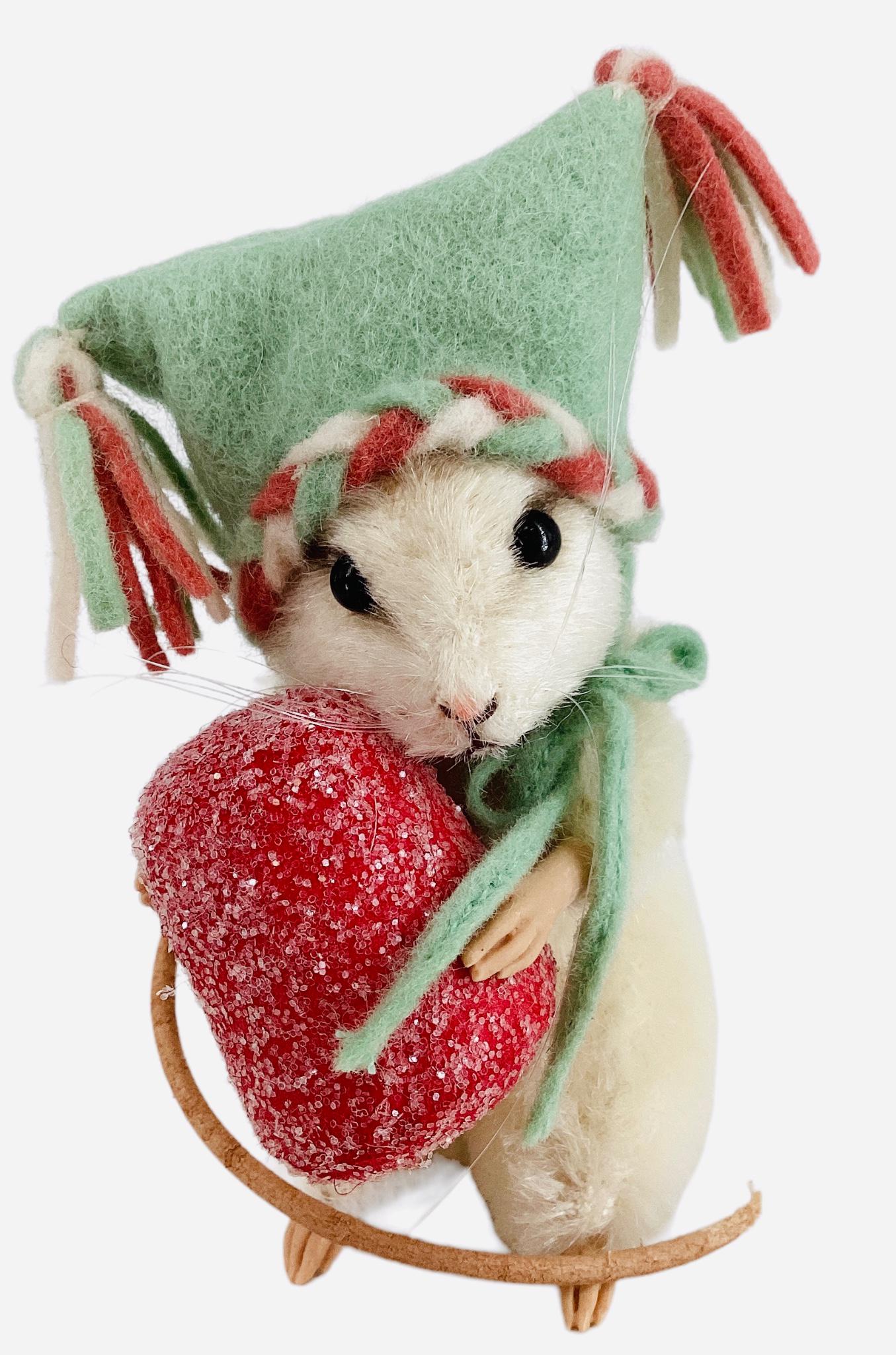 R. John Wright 2011 Christmas Mouse "Sugar". 3" mohair mouse with applied ears, glass bead eyes,: R. John Wright 2011 Christmas Mouse "Sugar". 3" mohair mouse with applied ears, glass bead eyes, resin paws, leather tail, jointed head and arms. Carrying her giant gumdrop, Sugar comes in her origina