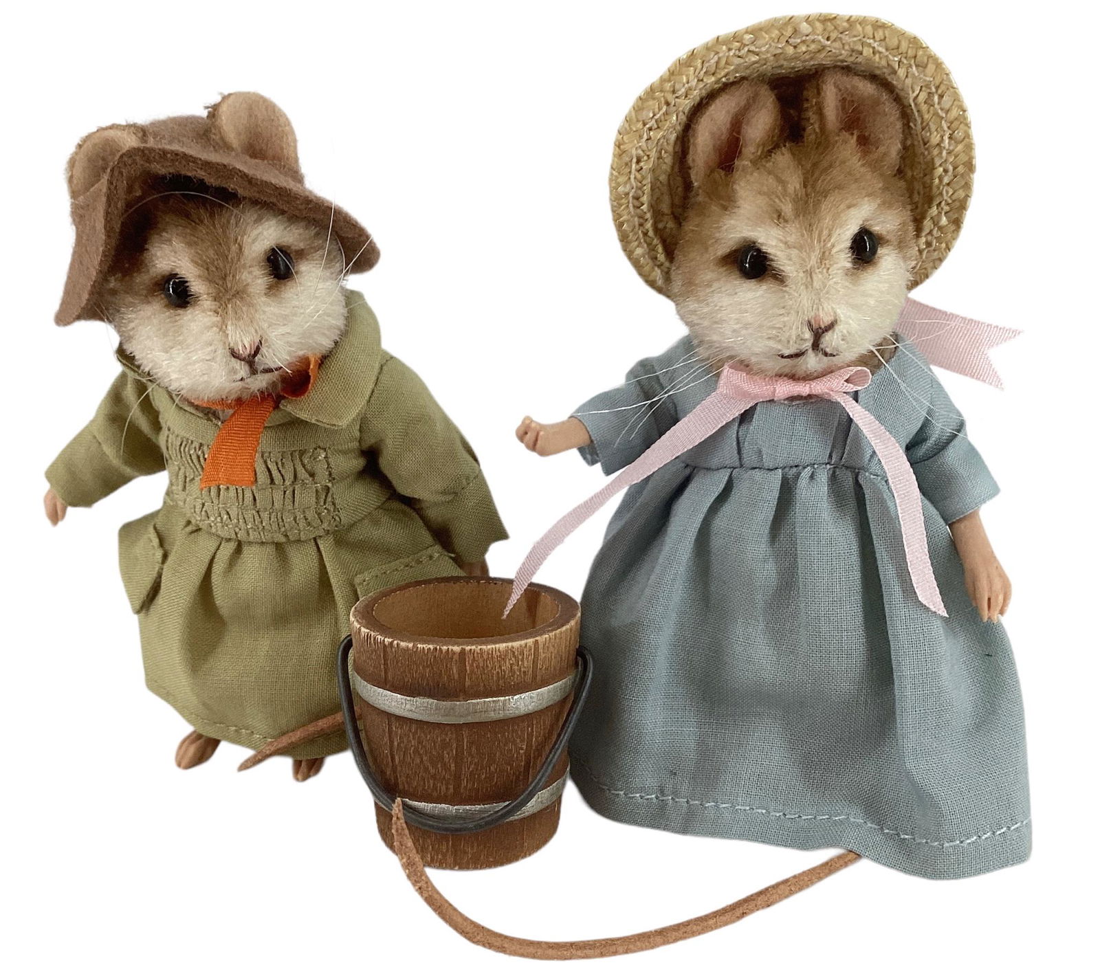 R. John Wright "Jack and Jill" from the Mother Goose Collection. Two 3 1/2" mohair mice with applied: R. John Wright "Jack and Jill" from the Mother Goose Collection. Two 3 1/2" mohair mice with applied ears, glass bead eyes, resin paws, leather tails, jointed heads and arms. Come in original box with