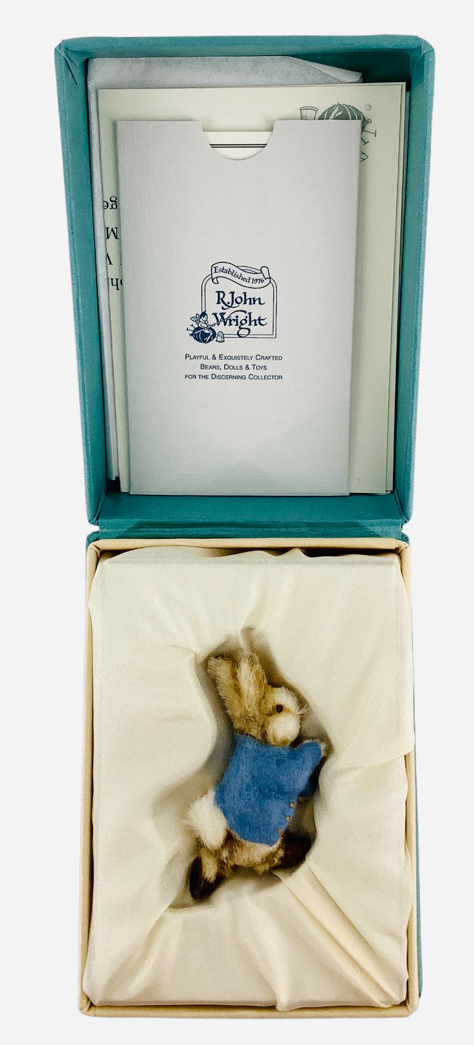 R. John Wright Peter Rabbit Boutonniere. 2" molded mohair rabbit made during the Peter Rabbit 100: R. John Wright Peter Rabbit Boutonniere. 2" molded mohair rabbit made during the Peter Rabbit 100 year anniversary. Comes in original box with COA, Limited Edition No. 97.