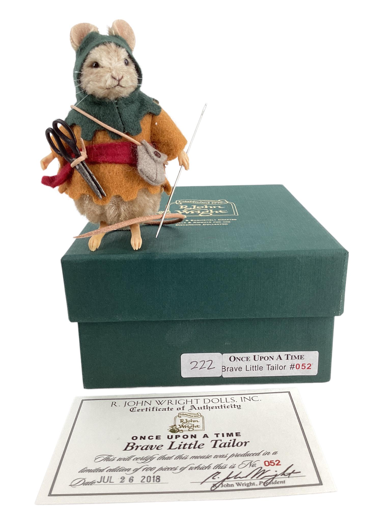 R. John Wright Once Upon A Time "Brave Little Tailor". 3 1/2" mohair mouse with applied ears, glass: R. John Wright Once Upon A Time "Brave Little Tailor". 3 1/2" mohair mouse with applied ears, glass bead eyes, resin paws, leather tail, jointed head and arms. Comes in original box with COA, Limited