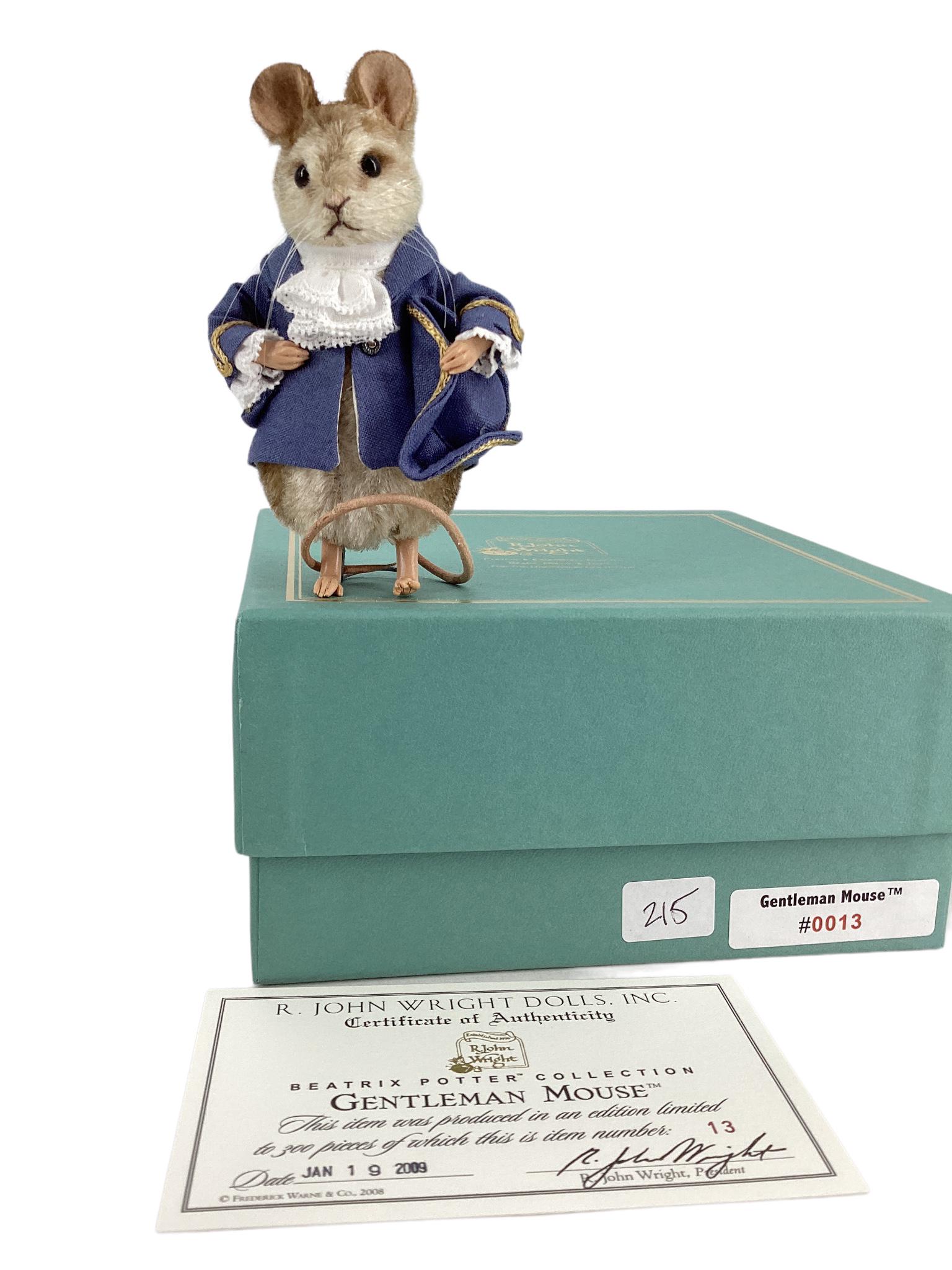 R. John Wright "Gentleman Mouse". 4" mohair mouse with applied ears, glass bead eyes, resin paws, (1 of 3)