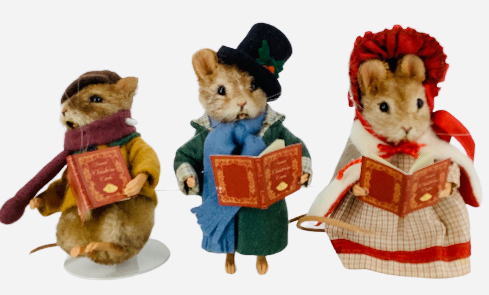 R. John Wright 2013 Christmas Mice "Deck the Hall". Set of three mohair mice 3-3 1/4", with applied: R. John Wright 2013 Christmas Mice "Deck the Hall". Set of three mohair mice 3-3 1/4", with applied ears, glass bead eyes, open mouths, resin paws, leather tails, jointed heads and arms. Come in their