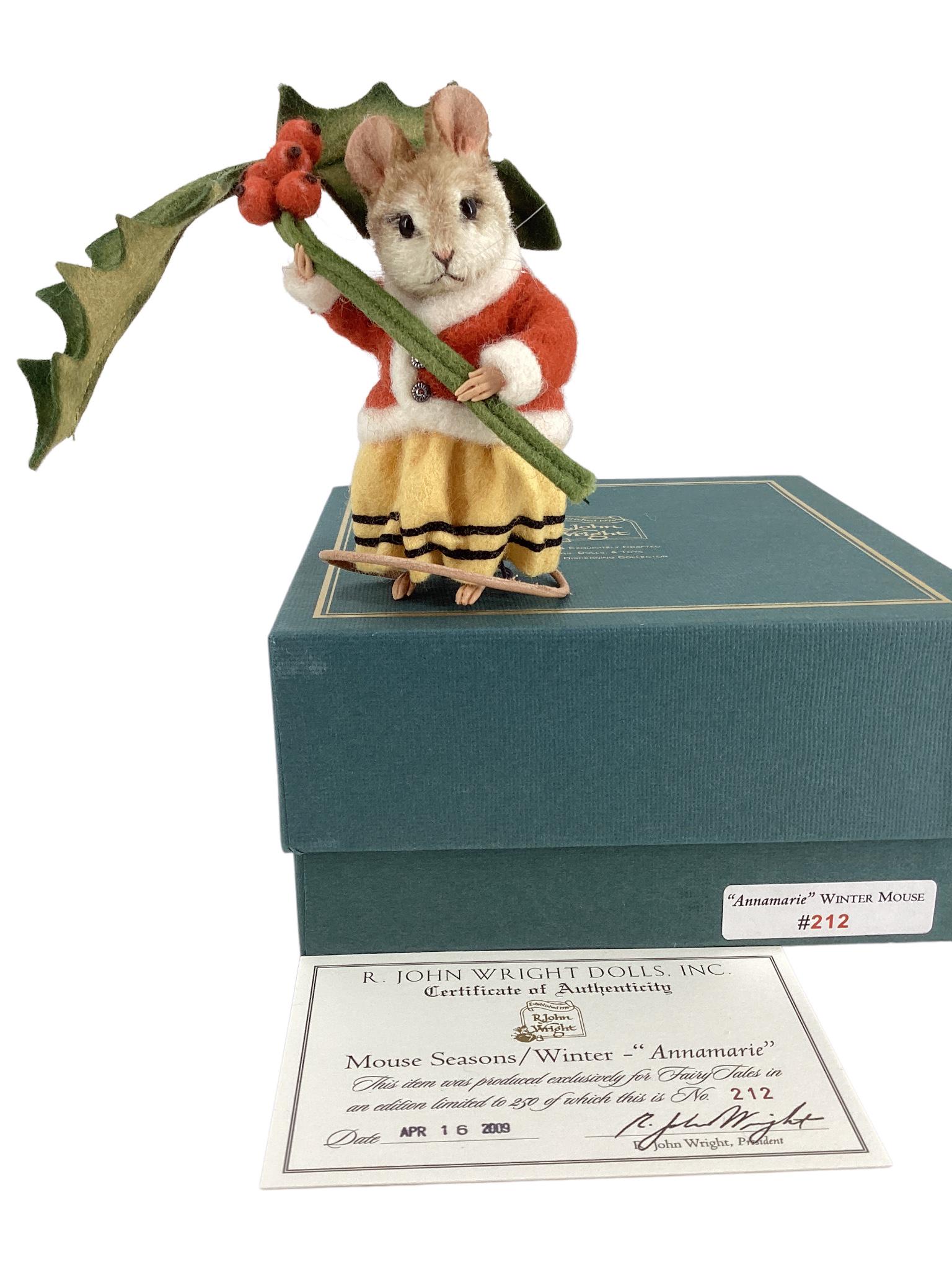 R. John Wright "Annamarie" Winter Mouse. 3 3/4" mohair mouse with applied ears, glass bead eyes,: R. John Wright "Annamarie" Winter Mouse. 3 3/4" mohair mouse with applied ears, glass bead eyes, resin paws, leather tail, jointed head and arms. Comes in original box with COA, Limited Edition No. 21