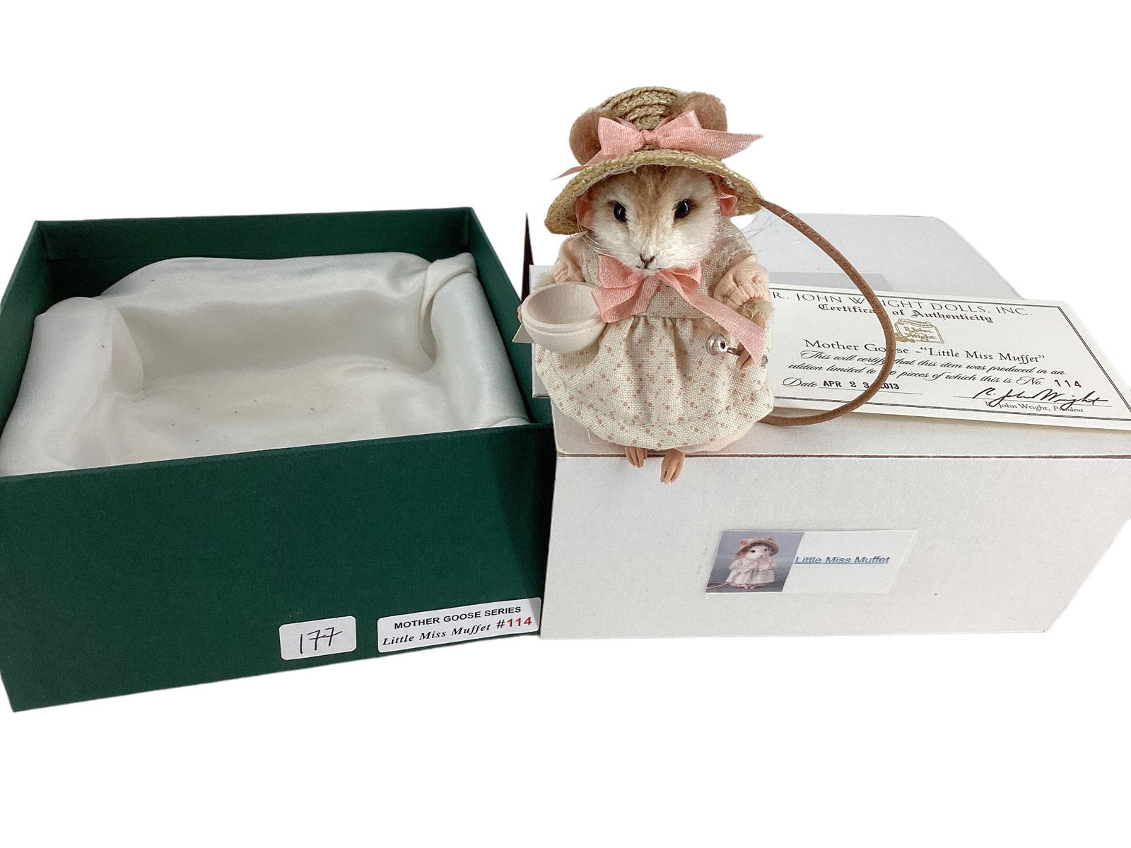 R. John Wright "Little Miss Muffet" from the Mother Goose Series. 3" mohair mouse with applied ears,: R. John Wright "Little Miss Muffet" from the Mother Goose Series. 3" mohair mouse with applied ears, glass bead eyes, resin paws, leather tail, jointed head and arms. Comes in original box with COA, L