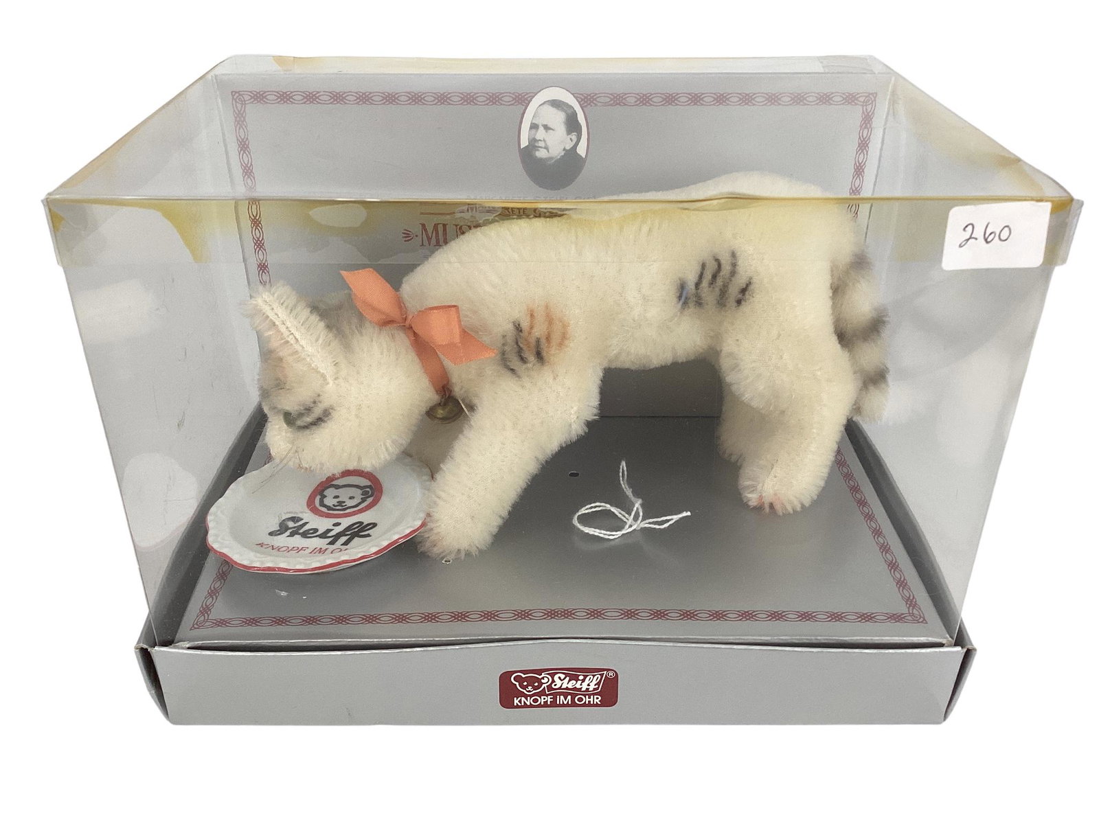 8" Steiff "Drinking Cat" #377. tagged, NIB (box is a dented and yellowed.: 8" Steiff "Drinking Cat" #377. tagged, NIB (box is a dented and yellowed.