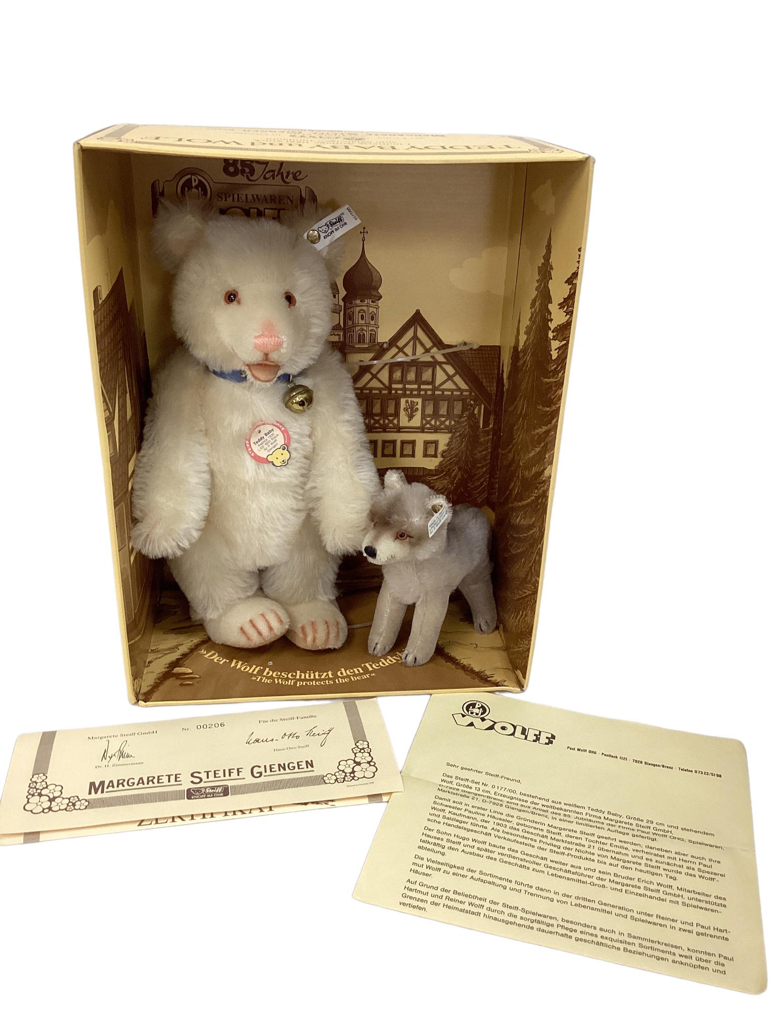 12 1/2" Steiff "Teddy Baby and Wolf" (7") 206/1,000, tagged, NIB, COA.: 12 1/2" Steiff "Teddy Baby and Wolf" (7") 206/1,000, tagged, NIB, COA.