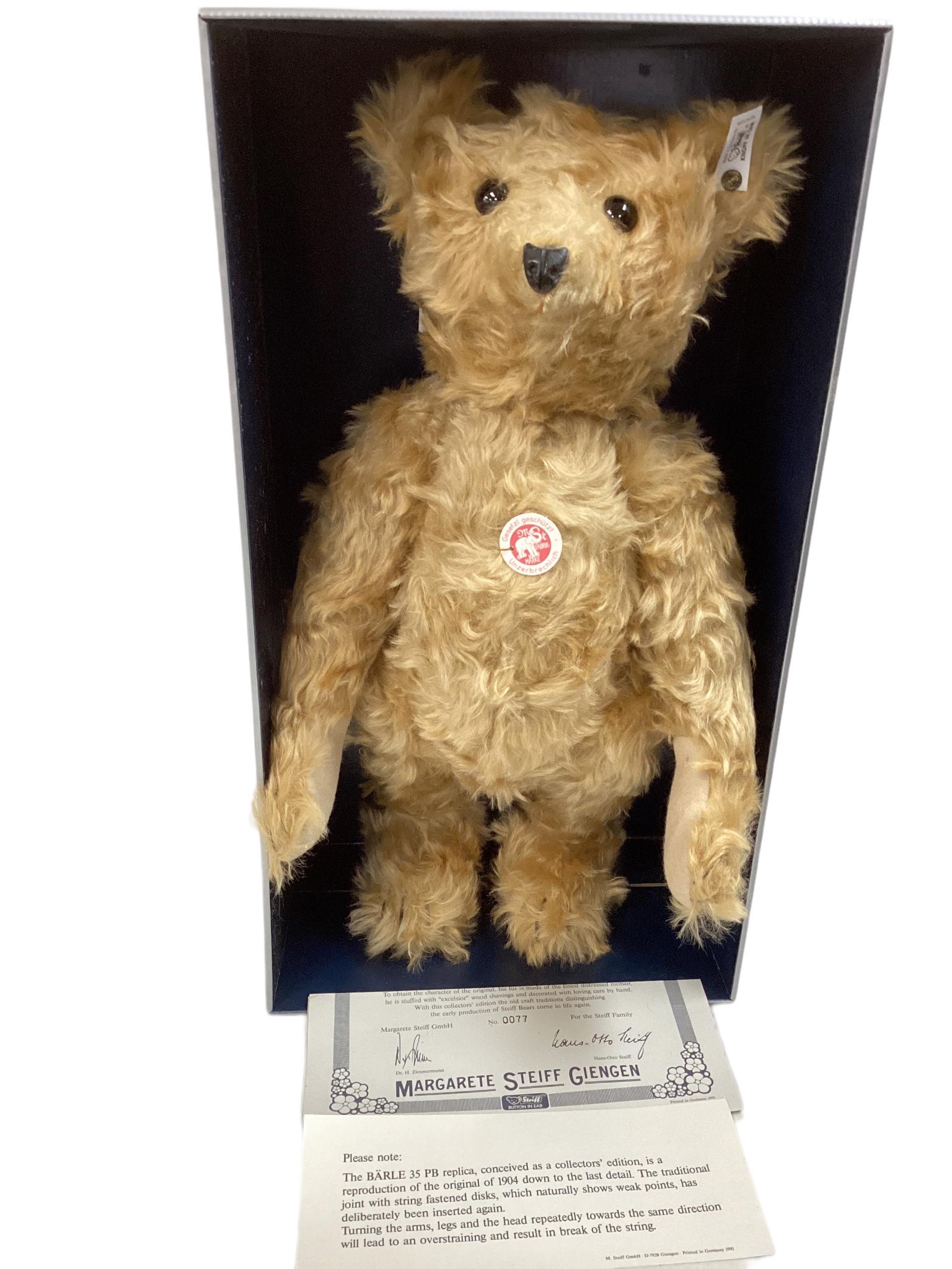 19" Steiff Teddy Bear "Bärle" (1904) limited edition 77/6,000. Tagged, NIB, COA. (1 of 3)