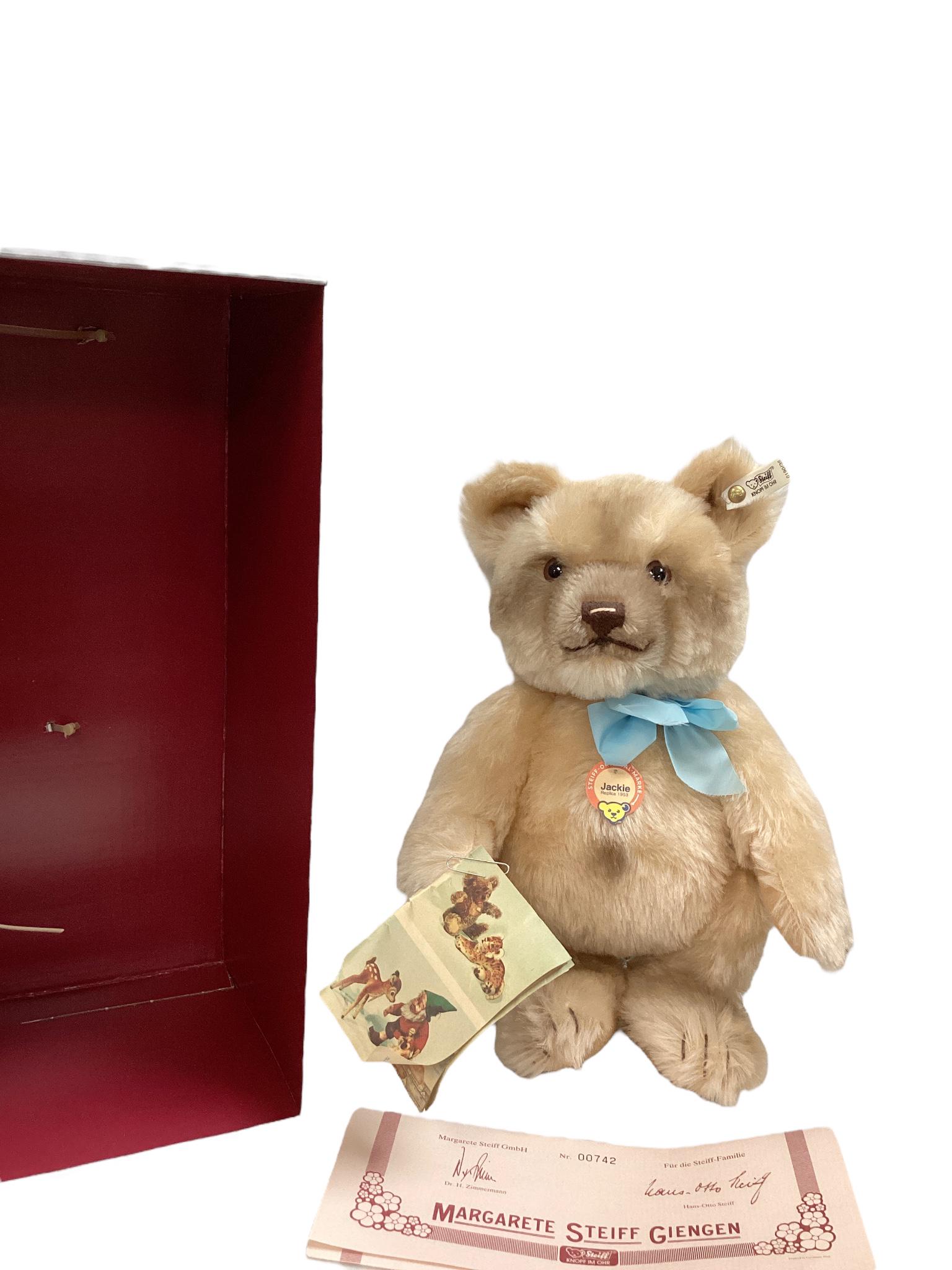 14" Steiff "Jackie" (1953) Limited Edition 742/4,000, tagged, NIB, COA, with growler.: 14" Steiff "Jackie" (1953) Limited Edition 742/4,000, tagged, NIB, COA, with growler.