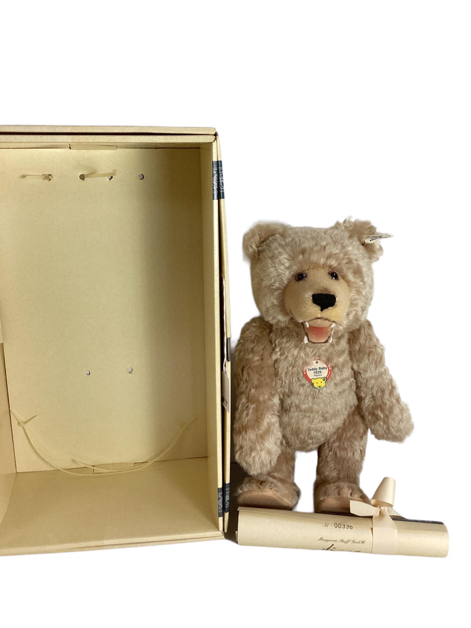 13 1/2" Steiff blonde "Teddy-Baby With Teeth (1929) Limited Edition 336/3,000, tagged, NIB, COA.: 13 1/2" Steiff blonde "Teddy-Baby With Teeth (1929) Limited Edition 336/3,000, tagged, NIB, COA.