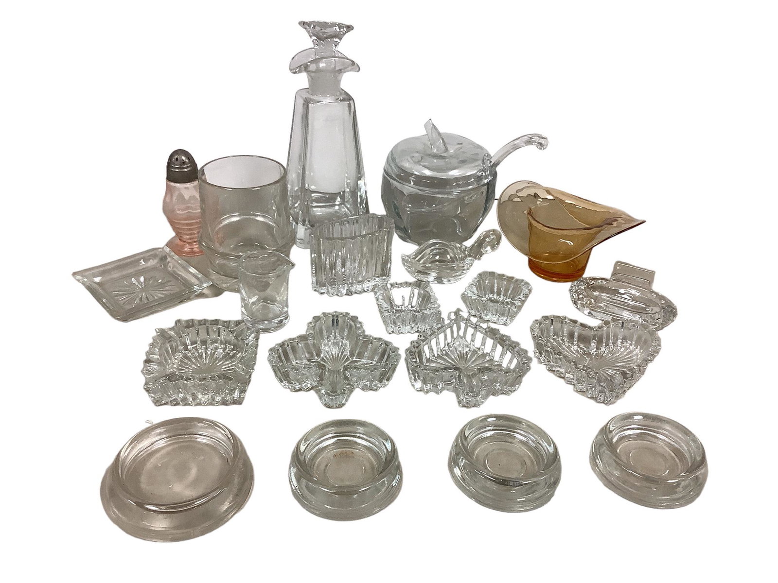 Lot of 20. Set of four glass furniture coasters. Set of 4 Heisey Ridgeleigh ashtrays: square, club,: Lot of 20. Set of four glass furniture coasters. Set of 4 Heisey Ridgeleigh ashtrays: square, club, spade, and heart with matching set of 2 salts and toothpick holder. Small 2” high Heisey beake