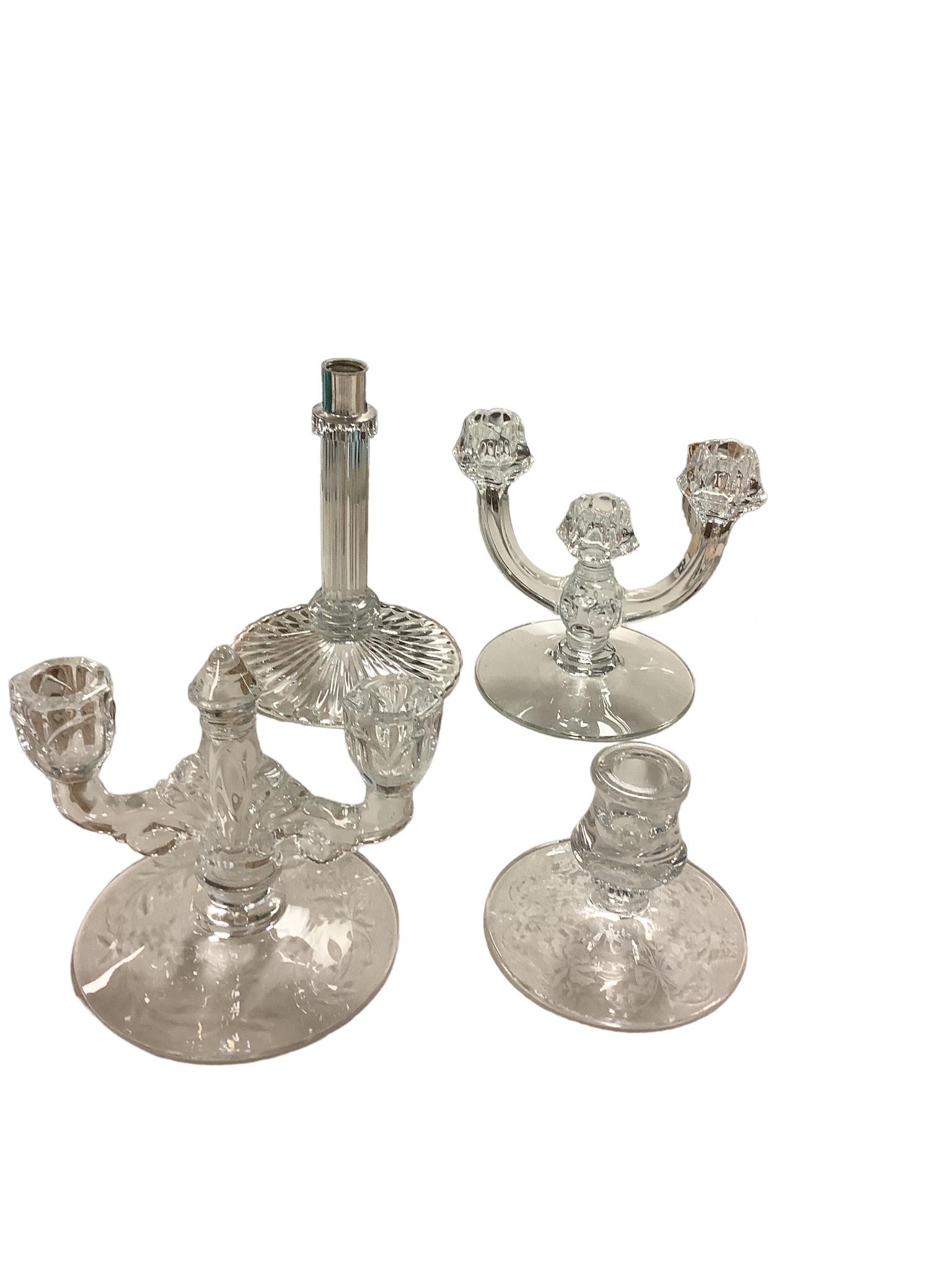 Lot of 4 Heisey unmatched candlesticks includes #112 mercury light, #1806 3 light, #134 trident 2 (1 of 1)